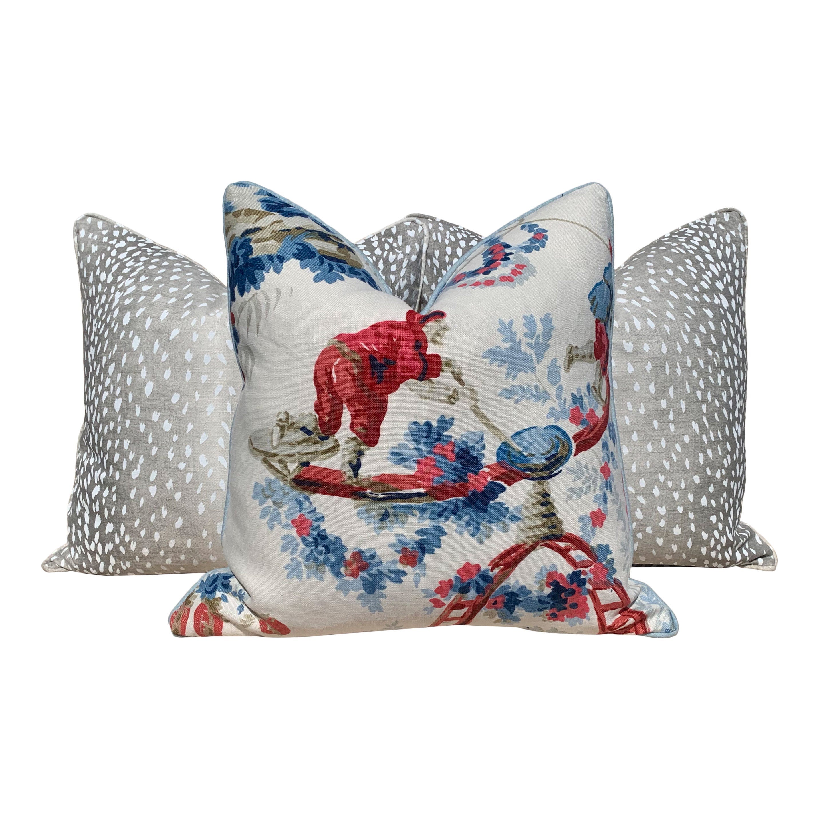 Schumacher "Plaisirs De La Chine" Linen Pillow in BLue and Rouge. Floral Lumbar Pillow.