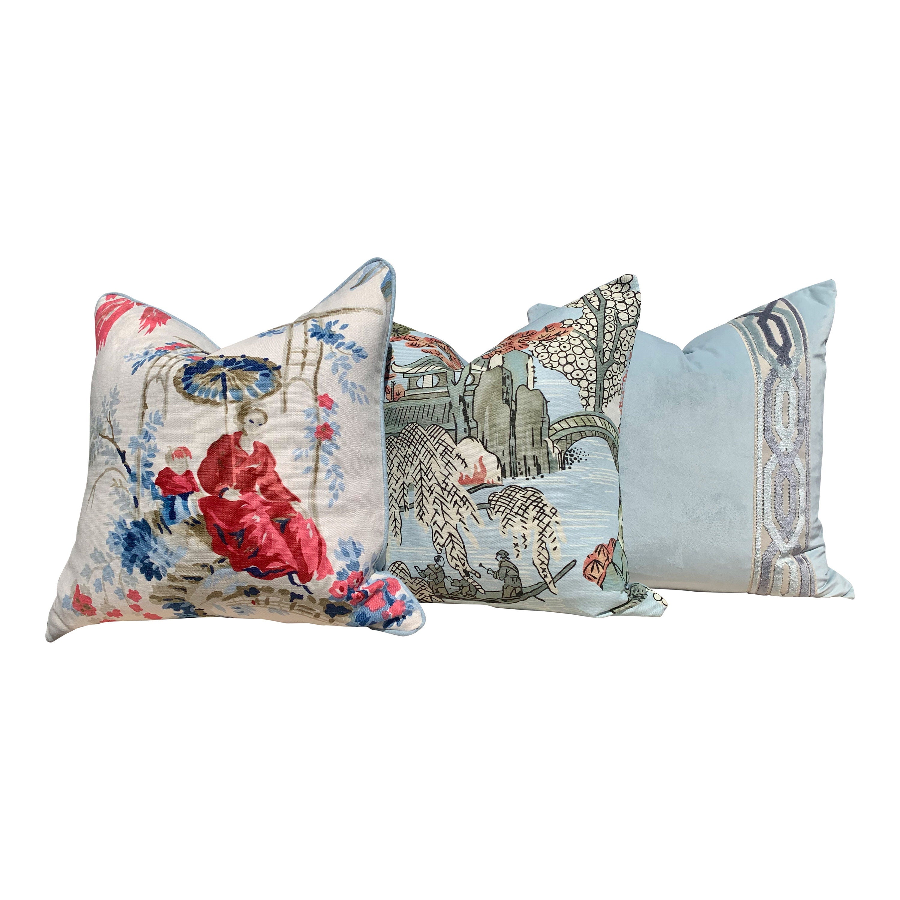 Schumacher "Plaisirs De La Chine" Linen Pillow in BLue and Rouge. Floral Lumbar Pillow.