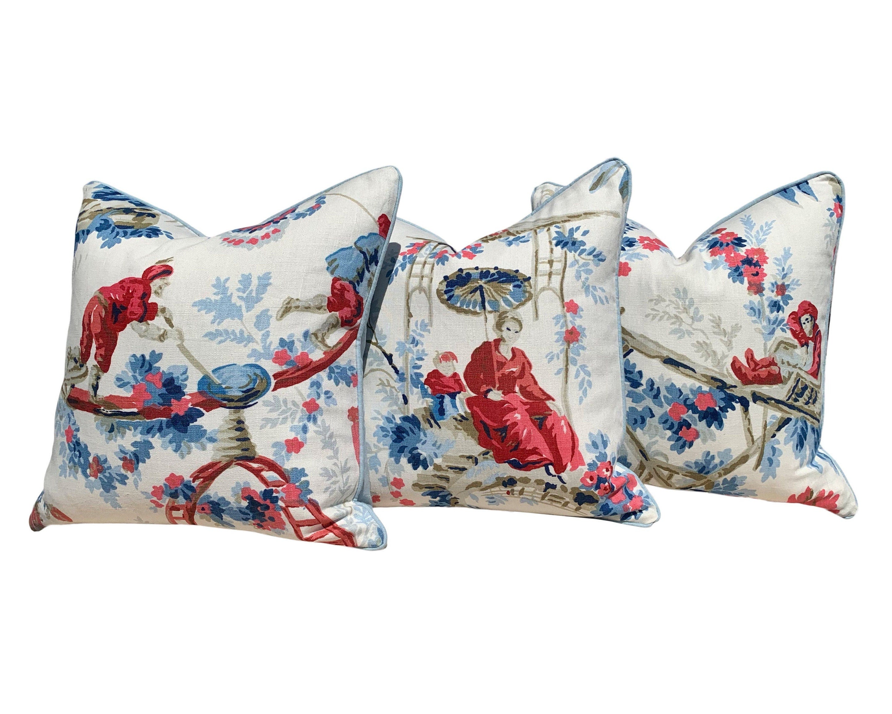 Schumacher "Plaisirs De La Chine" Linen Pillow in BLue and Rouge. Floral Lumbar Pillow.