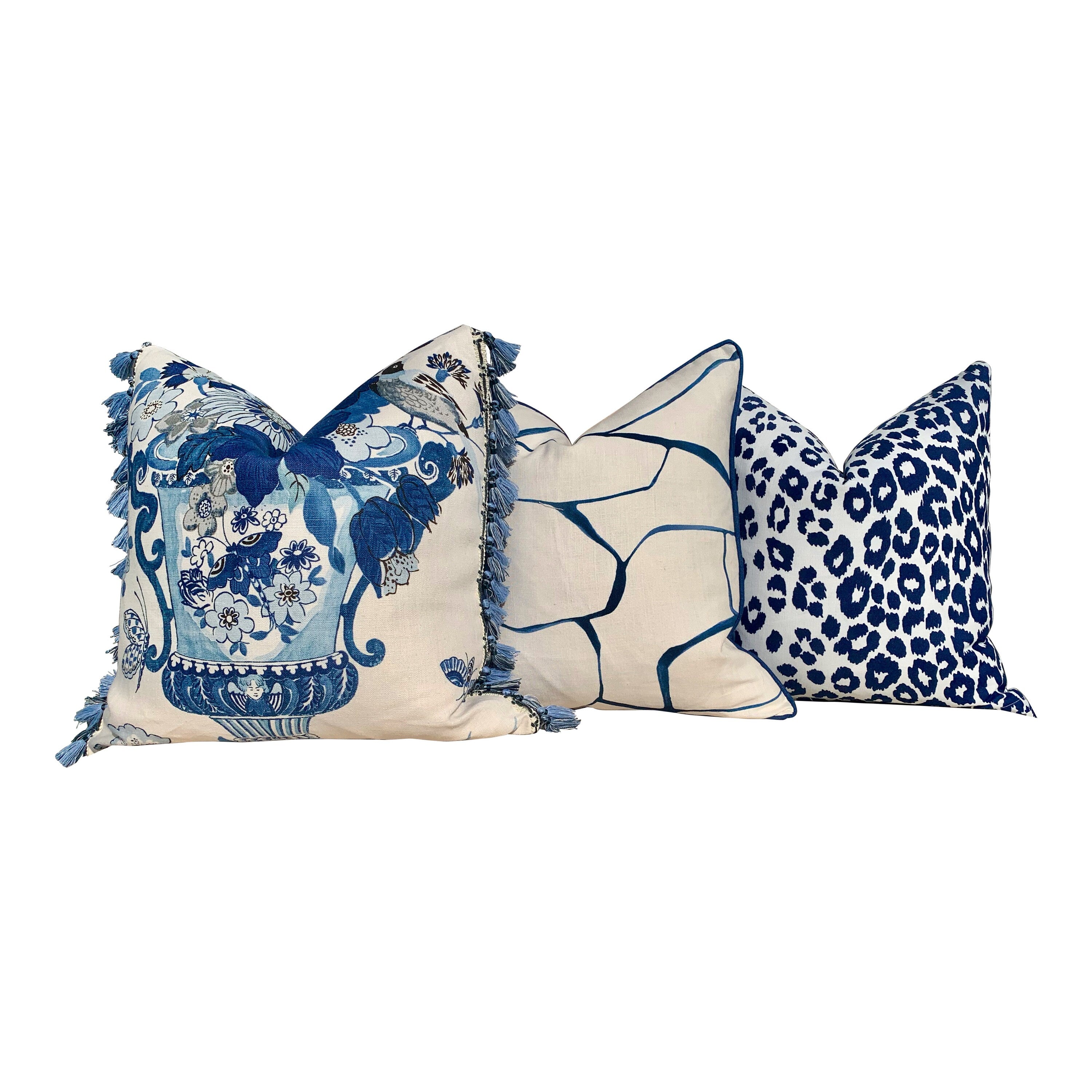 Schumacher Lansdale Bouquet Pillow, BlueTassel Trim. Lumbar Decorative Pillow, Designer pillows, accent cushion cover, bird pillow cover