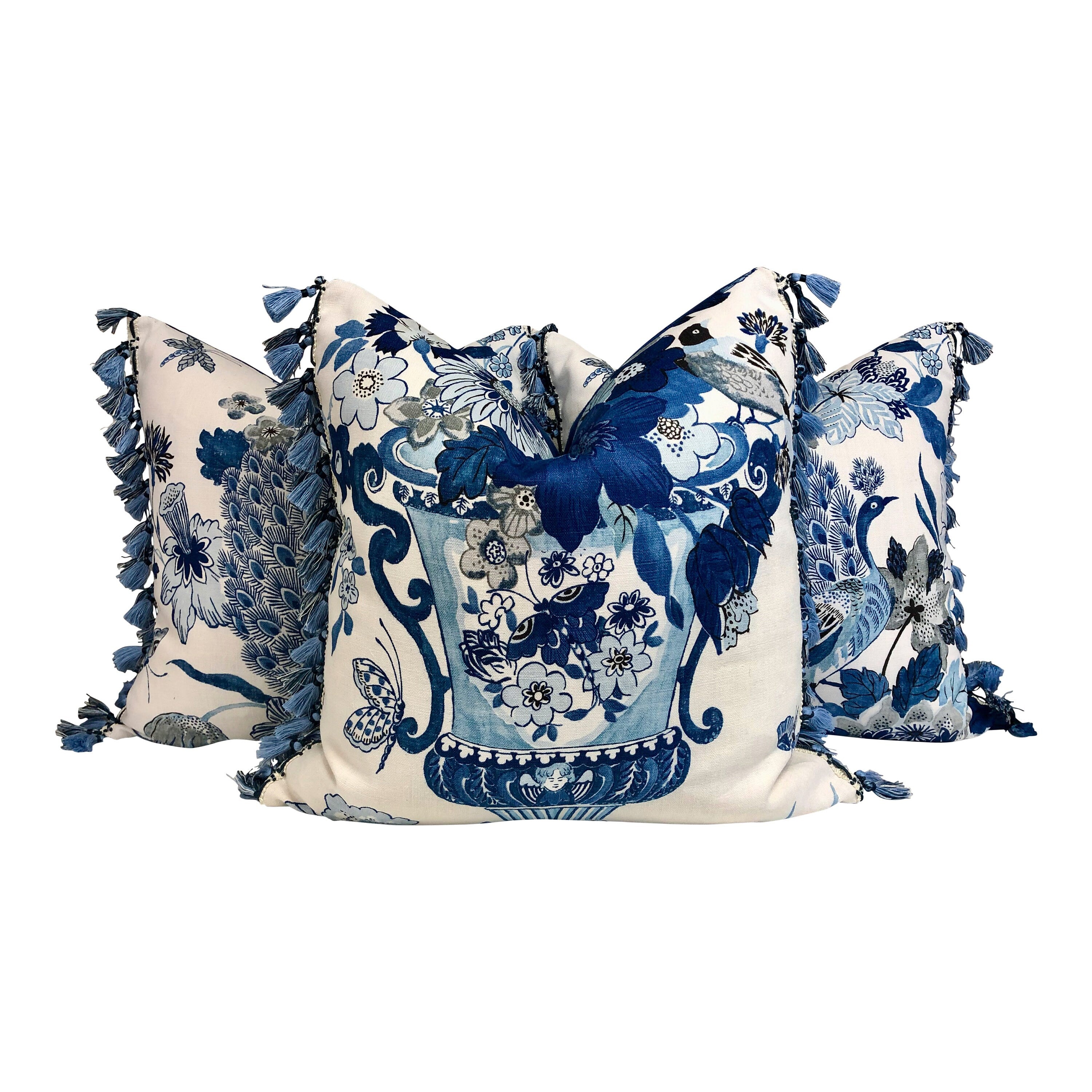 Schumacher Lansdale Bouquet Pillow, BlueTassel Trim. Lumbar Decorative Pillow, Designer pillows, accent cushion cover, bird pillow cover