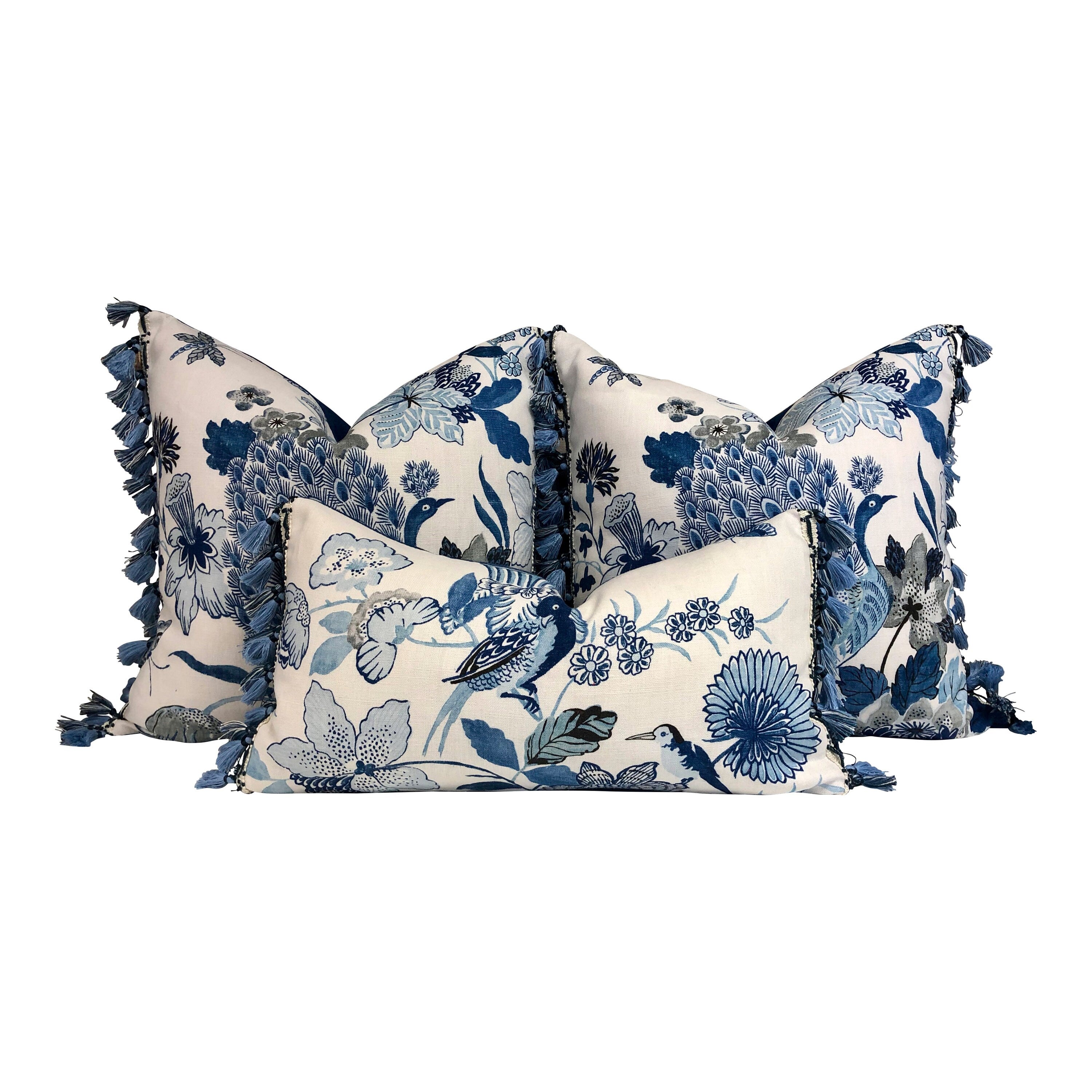 Schumacher Lansdale Bouquet Pillow, BlueTassel Trim. Lumbar Decorative Pillow, Designer pillows, accent cushion cover, bird pillow cover