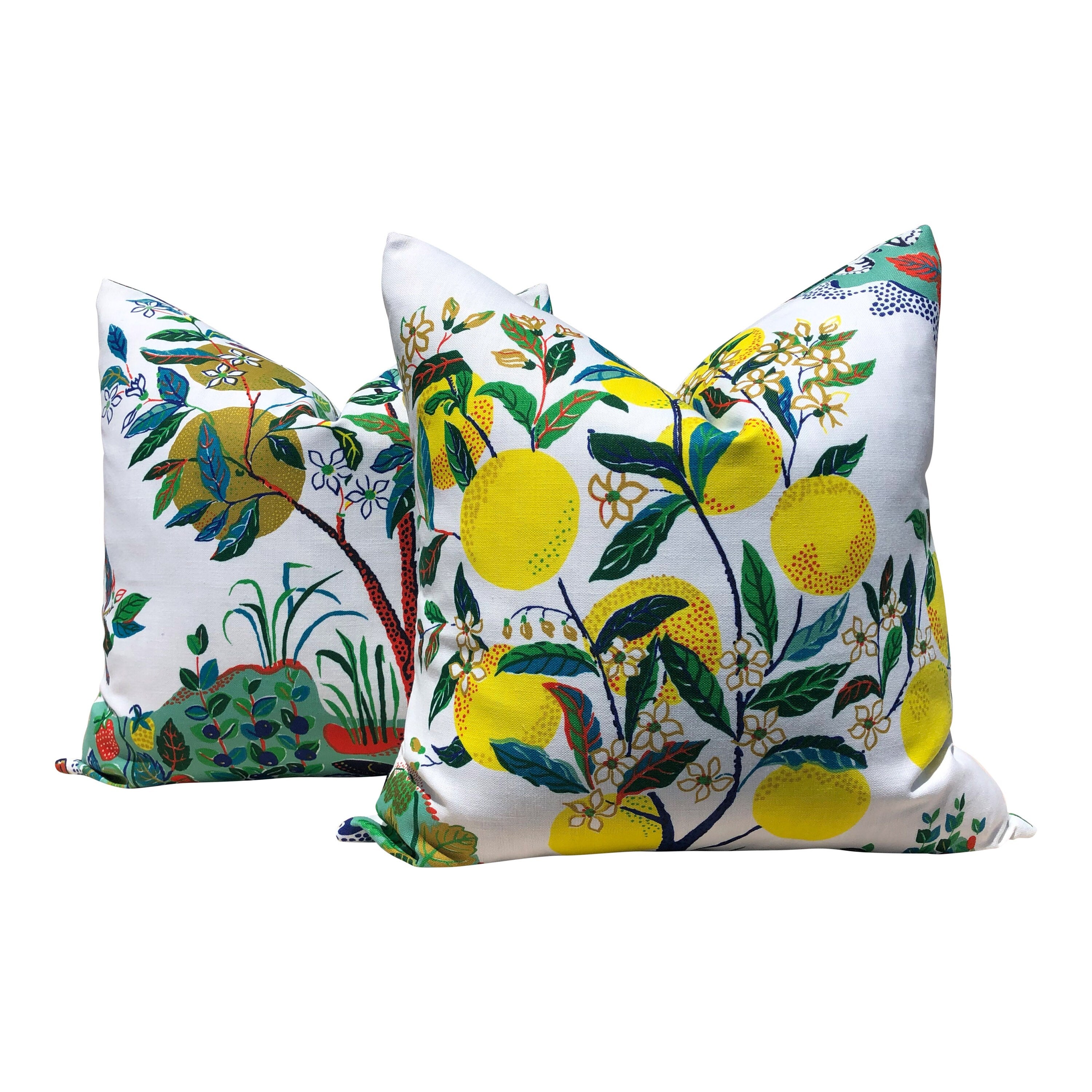 Outdoor Citrus Garden Decorative Pillow Cover, Schumacher Primary Lemon Lime Tree Throw Pillow, Lumbar Outdoor Pillow Yellow Green