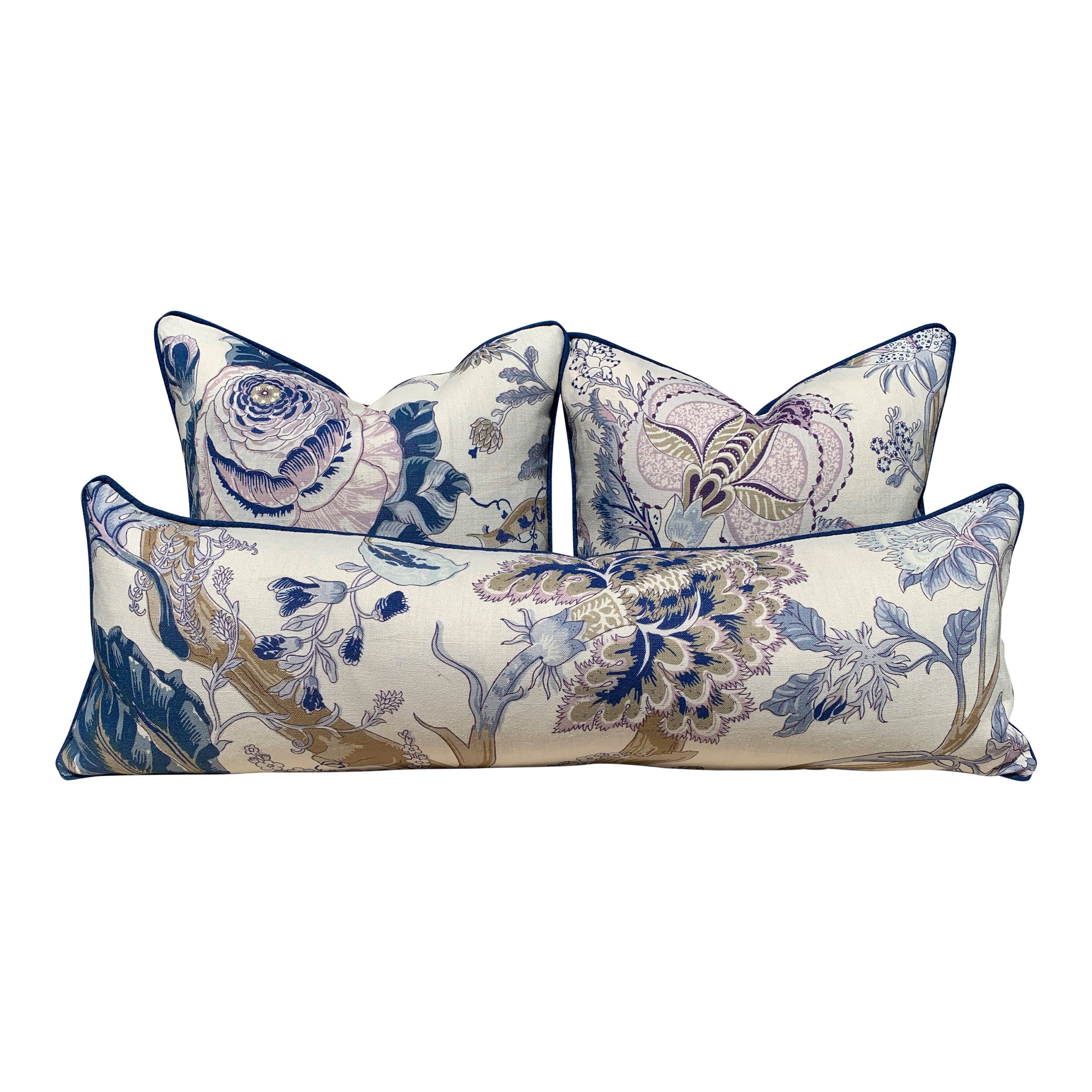 Schumacher Indian Arbre Pillow in BLue and Lavender. Floral Lumbar Pillow. Extra Long Lumbar Pillow.