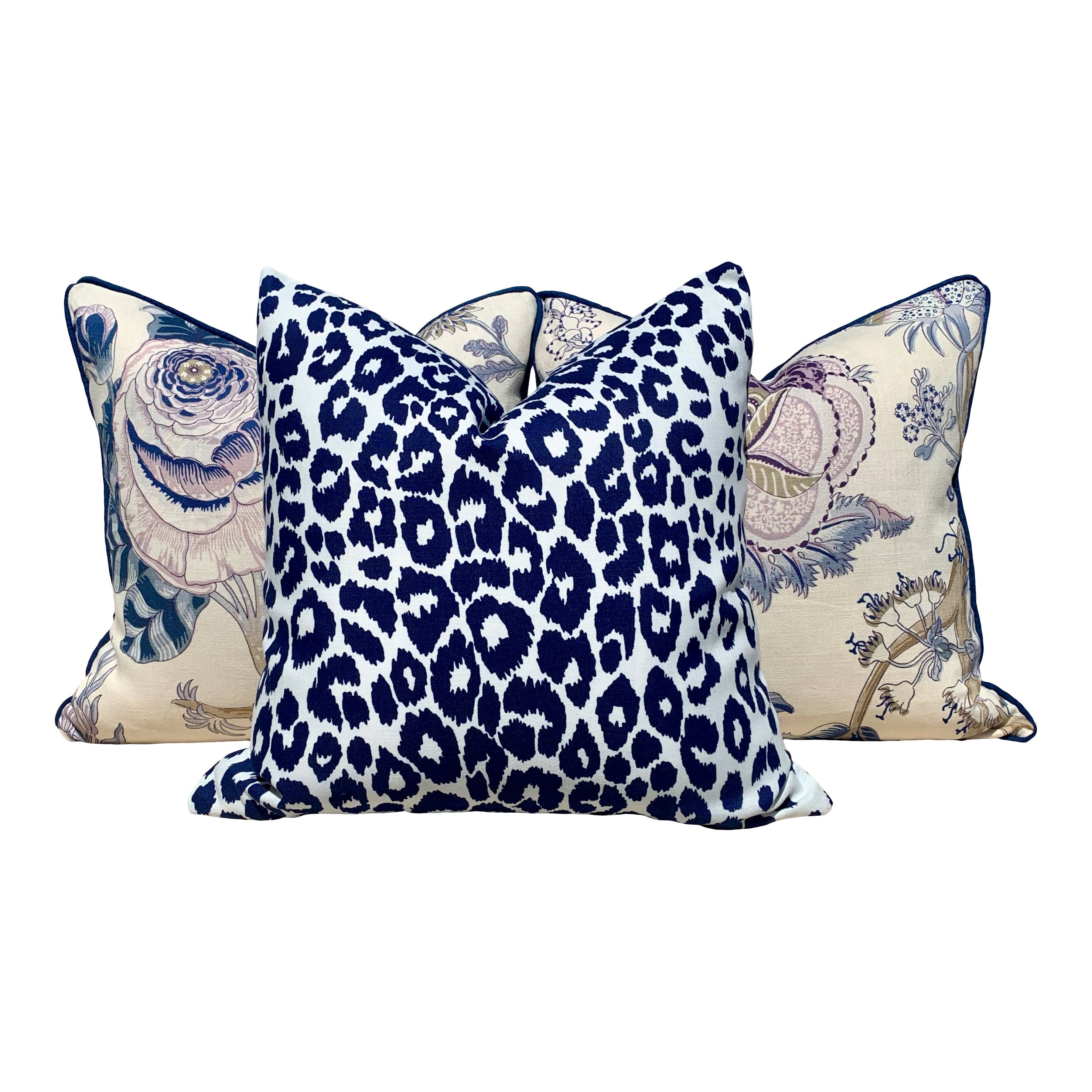 Indoor/Outdoor Schumacher Leopard Pillow in White and Blue. Decorative lumbar Pillow, designer cushion cover, accent pillow, outdoor pillow