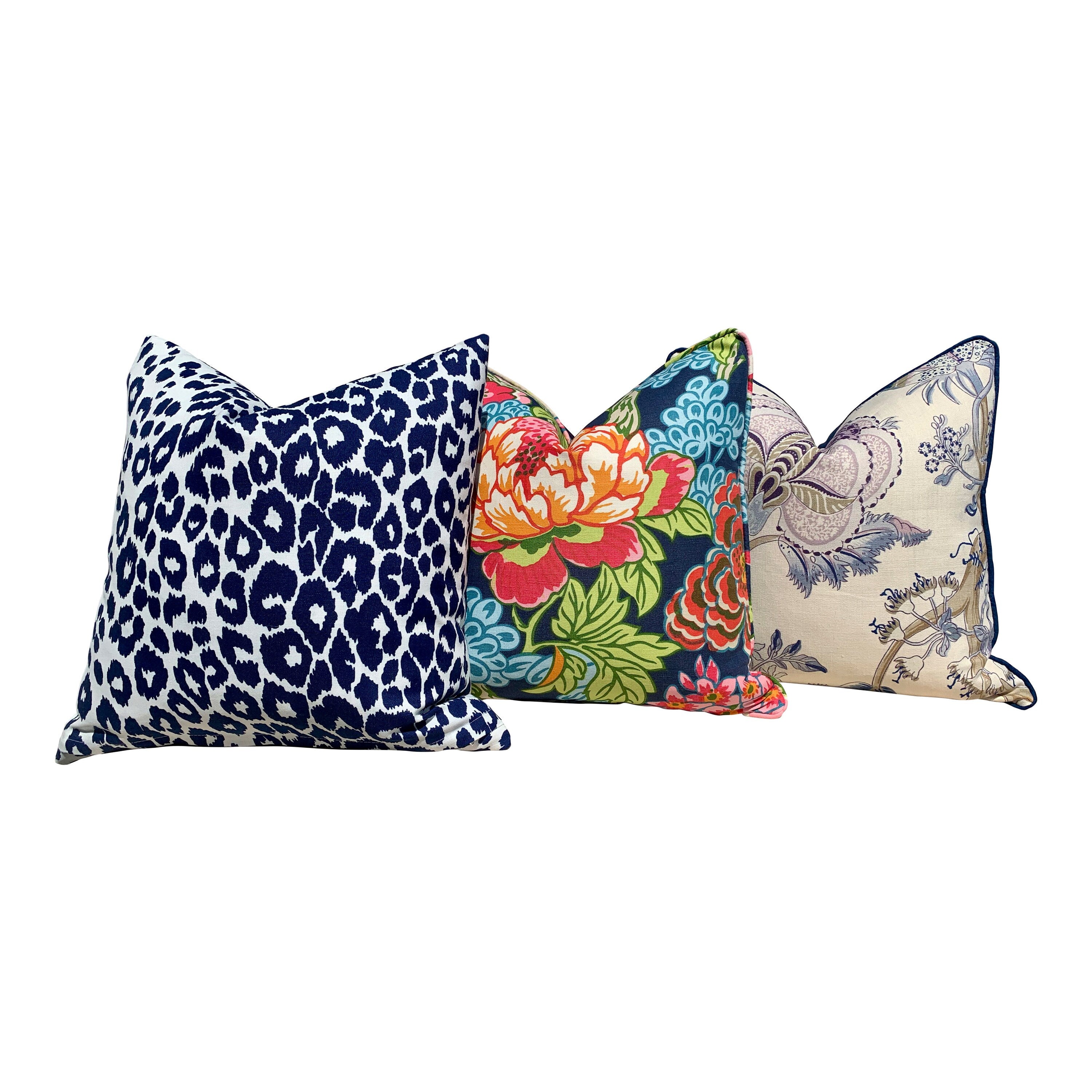Indoor/Outdoor Schumacher Leopard Pillow in White and Blue. Decorative lumbar Pillow, designer cushion cover, accent pillow, outdoor pillow