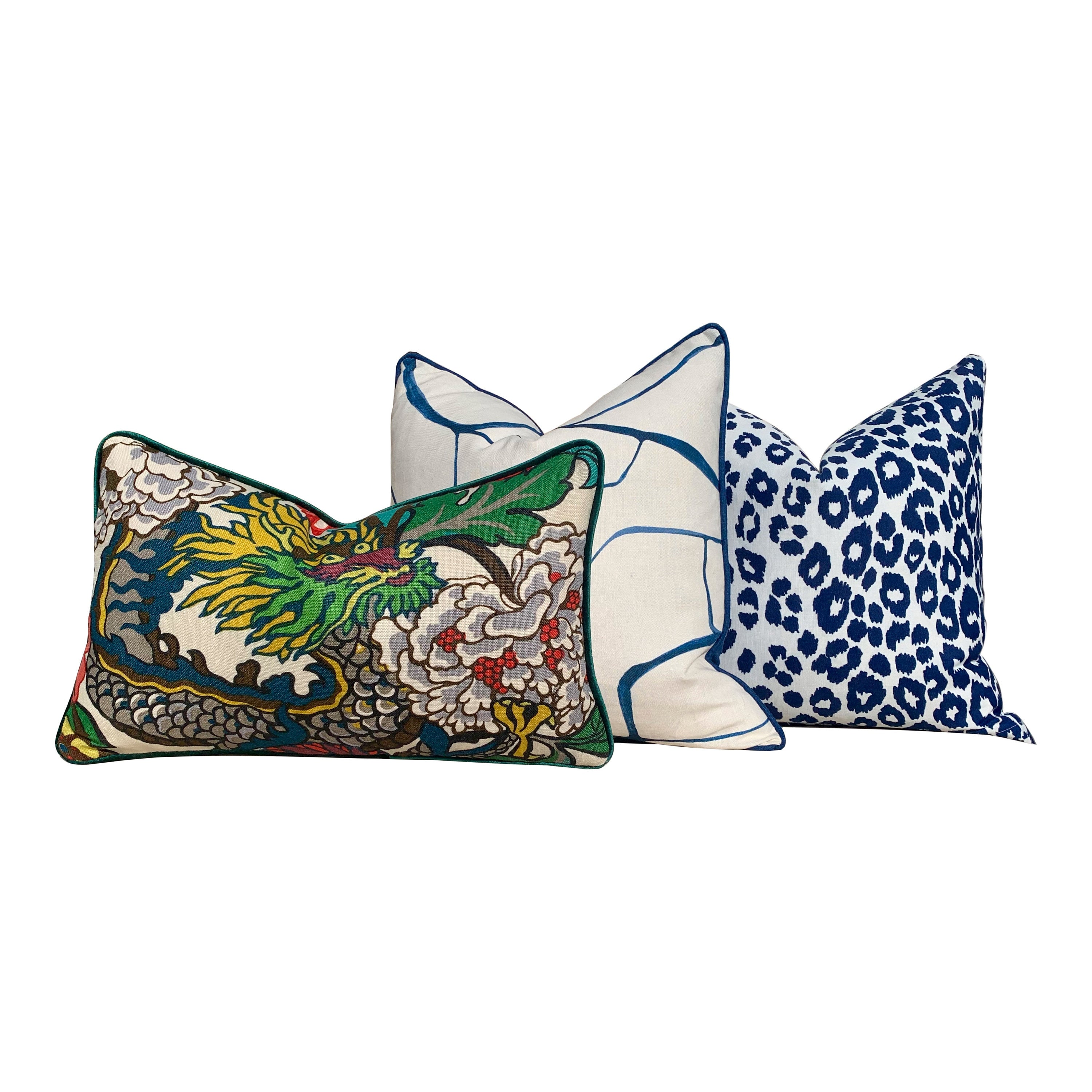 Indoor/Outdoor Schumacher Leopard Pillow in White and Blue. Decorative lumbar Pillow, designer cushion cover, accent pillow, outdoor pillow