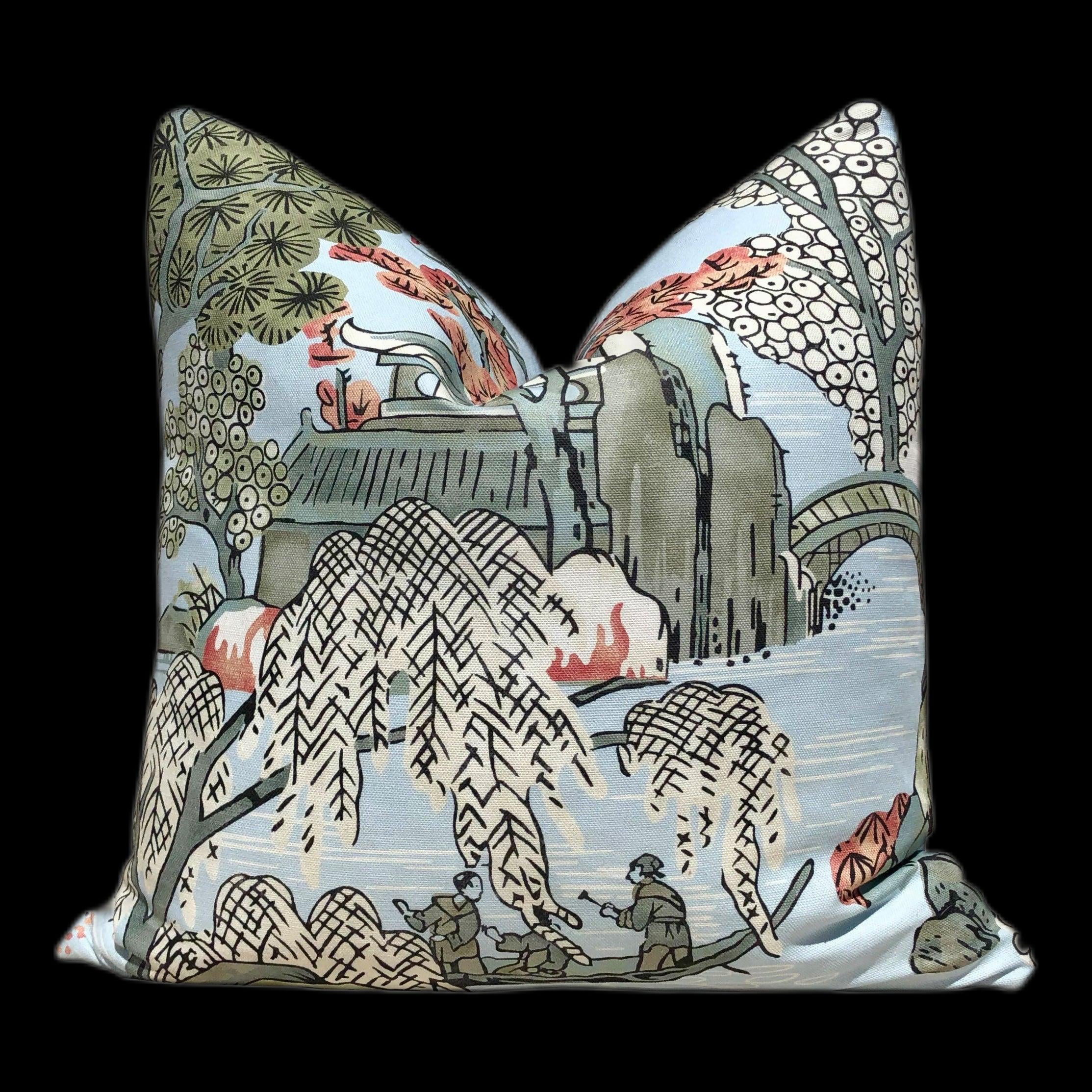 Asian Scenic Pillow In Robin Egg. Chinoiserie Lumbar Pillow, Chinoiserie Pagoda Euro Sham Cushion Case in Burnt Orange Green Blue