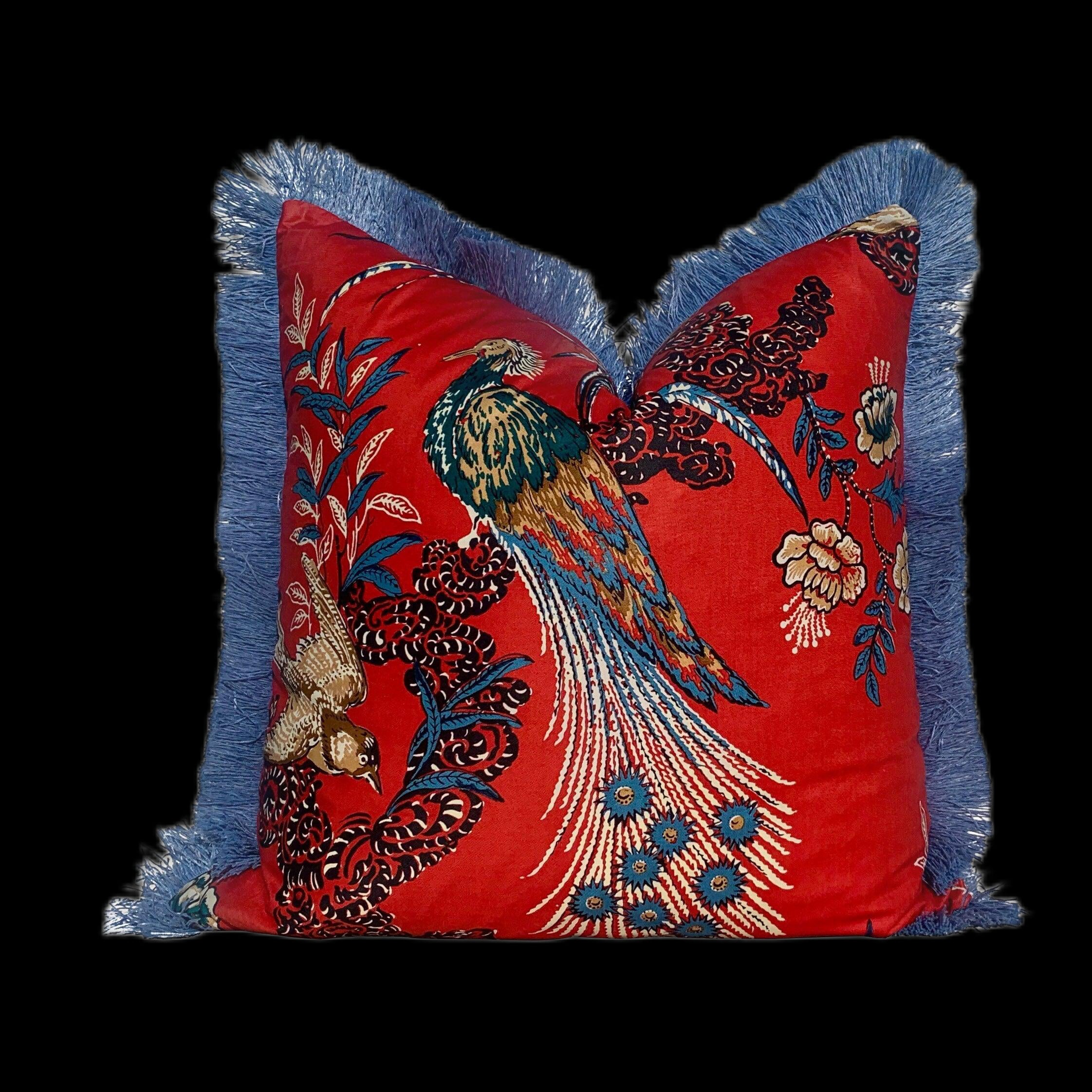 Schumacher Peacock Pillow in red Embelished with French Blue Brush Trim. Decorative Pillow. Bird Throw Pillow.