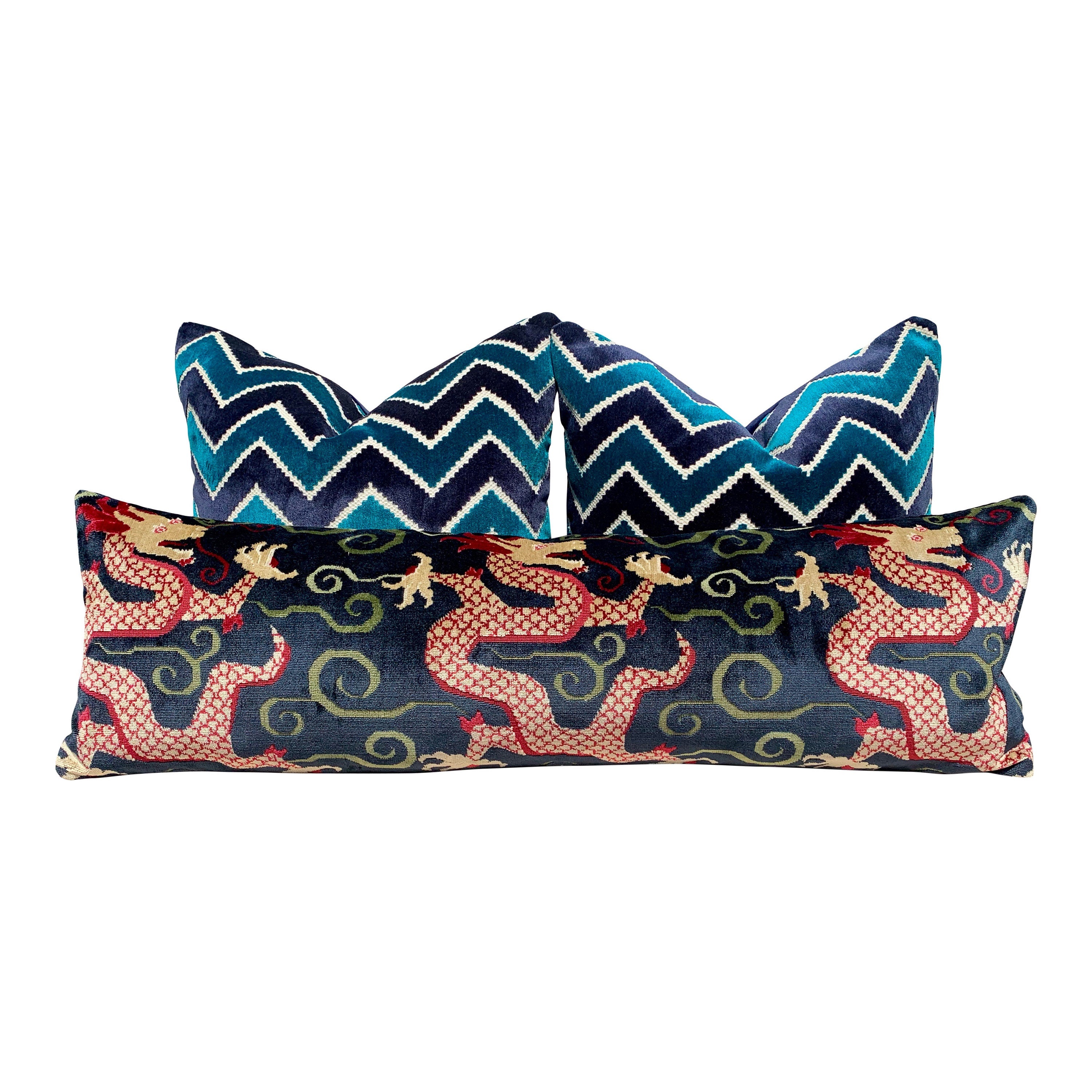 Schumacher Bixi Velvet Lumbar Pillow in Navy Blue. Dragon Velvet Pillow, Red Navy Chinoiserie Cushion, Asian Pillow Cover, Luxurious Pillow