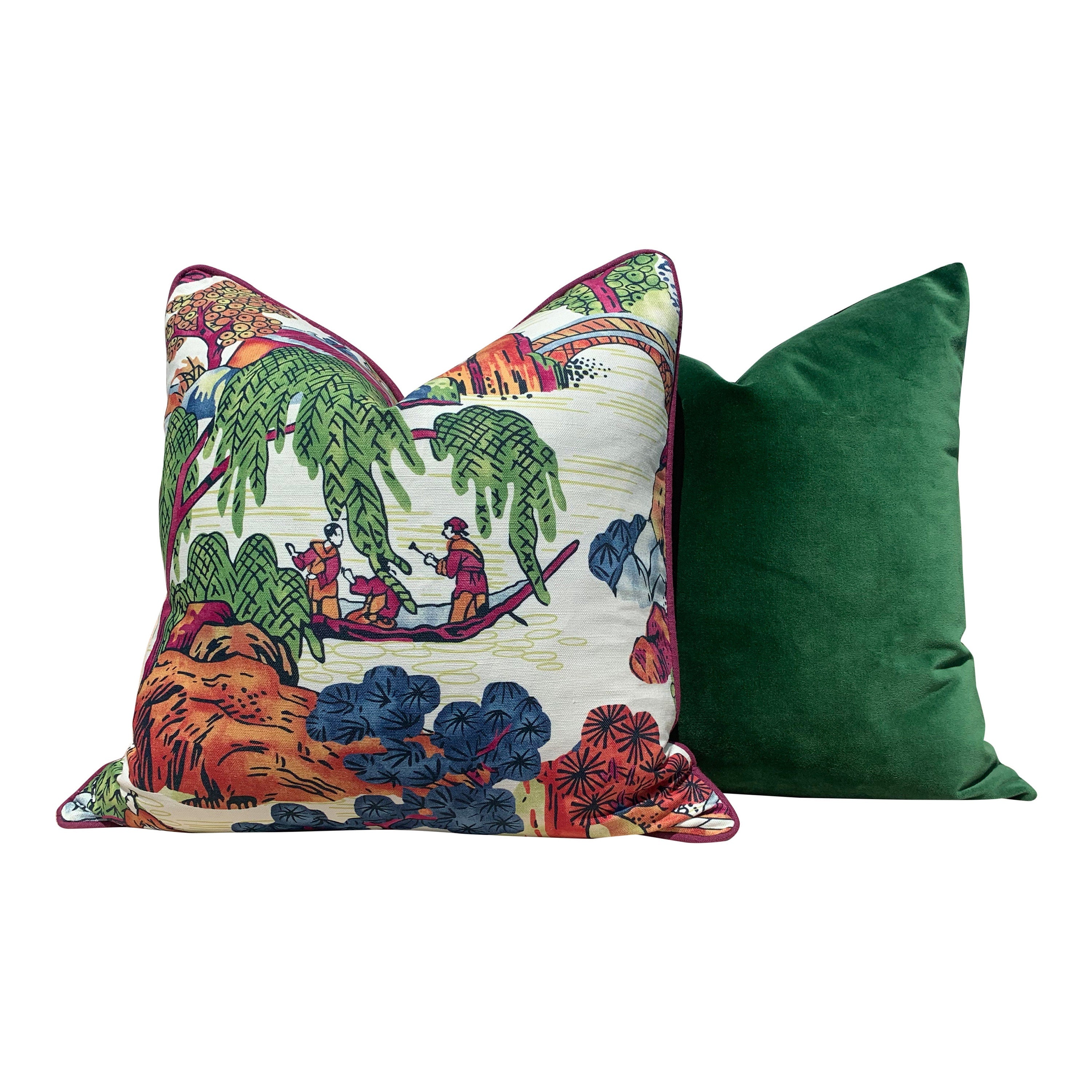 Asian Scenic Pillow Burnt Orange. Chinoiserie Pillow, Asian Lumbar Pillow, Pagoda Pillow in Berry and Green, Tea House Orange Green Pillow
