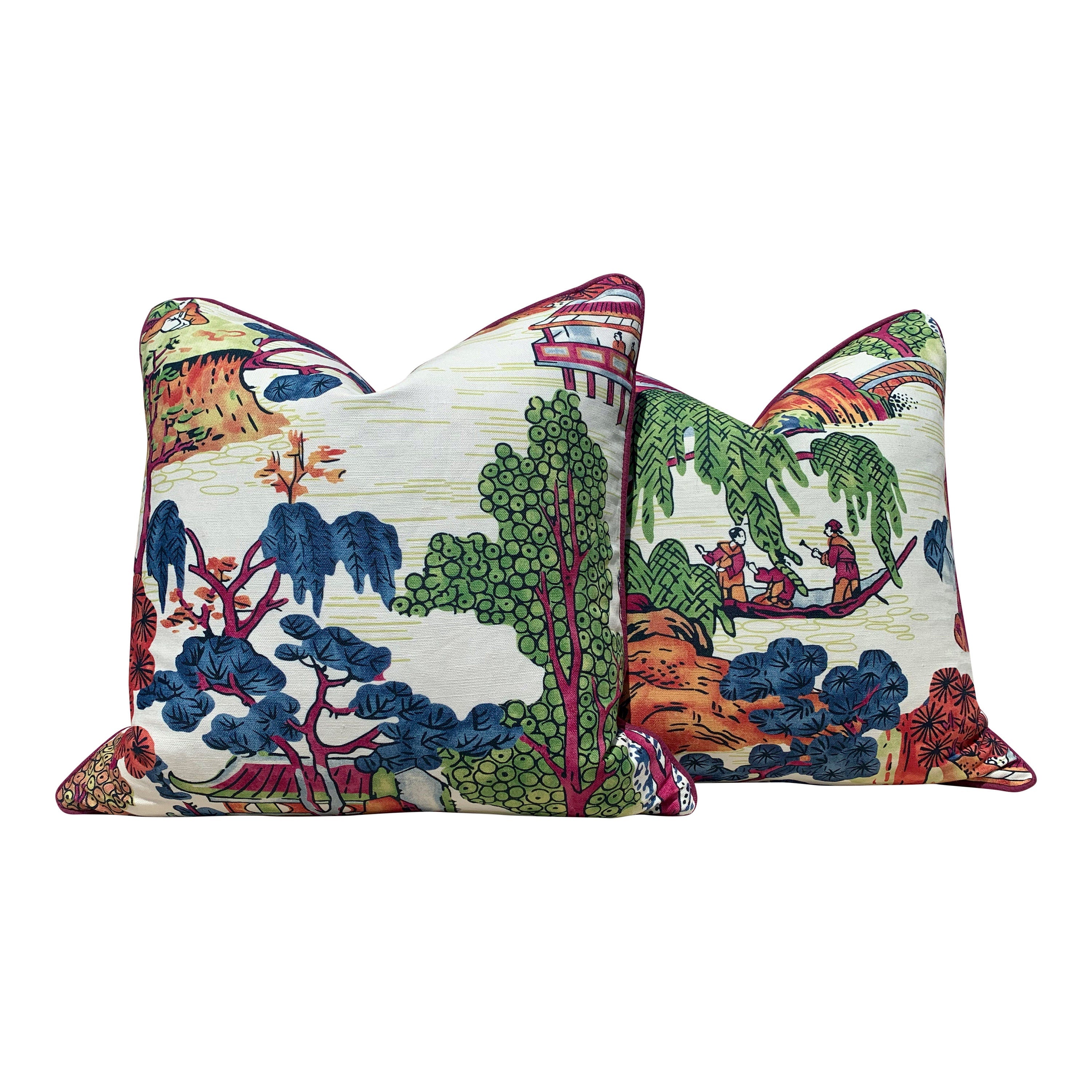 Asian Scenic Pillow Burnt Orange. Chinoiserie Pillow, Asian Lumbar Pillow, Pagoda Pillow in Berry and Green, Tea House Orange Green Pillow