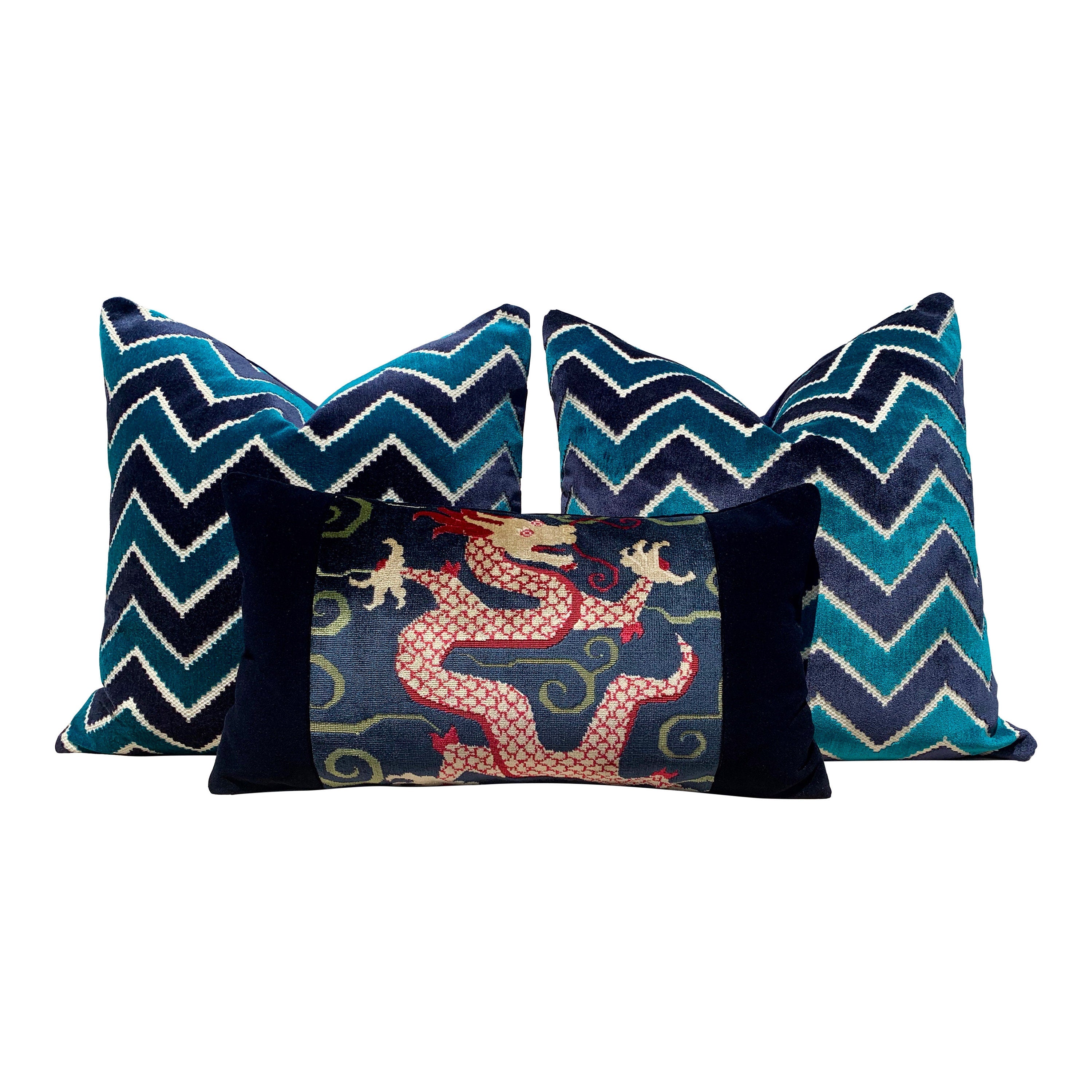 Schumacher Bixi Velvet Lumbar Pillow, Dark Navy. Lumbar Decorative Velvet Pillow. Designer pillows, accent cushion cover, decorative pillow