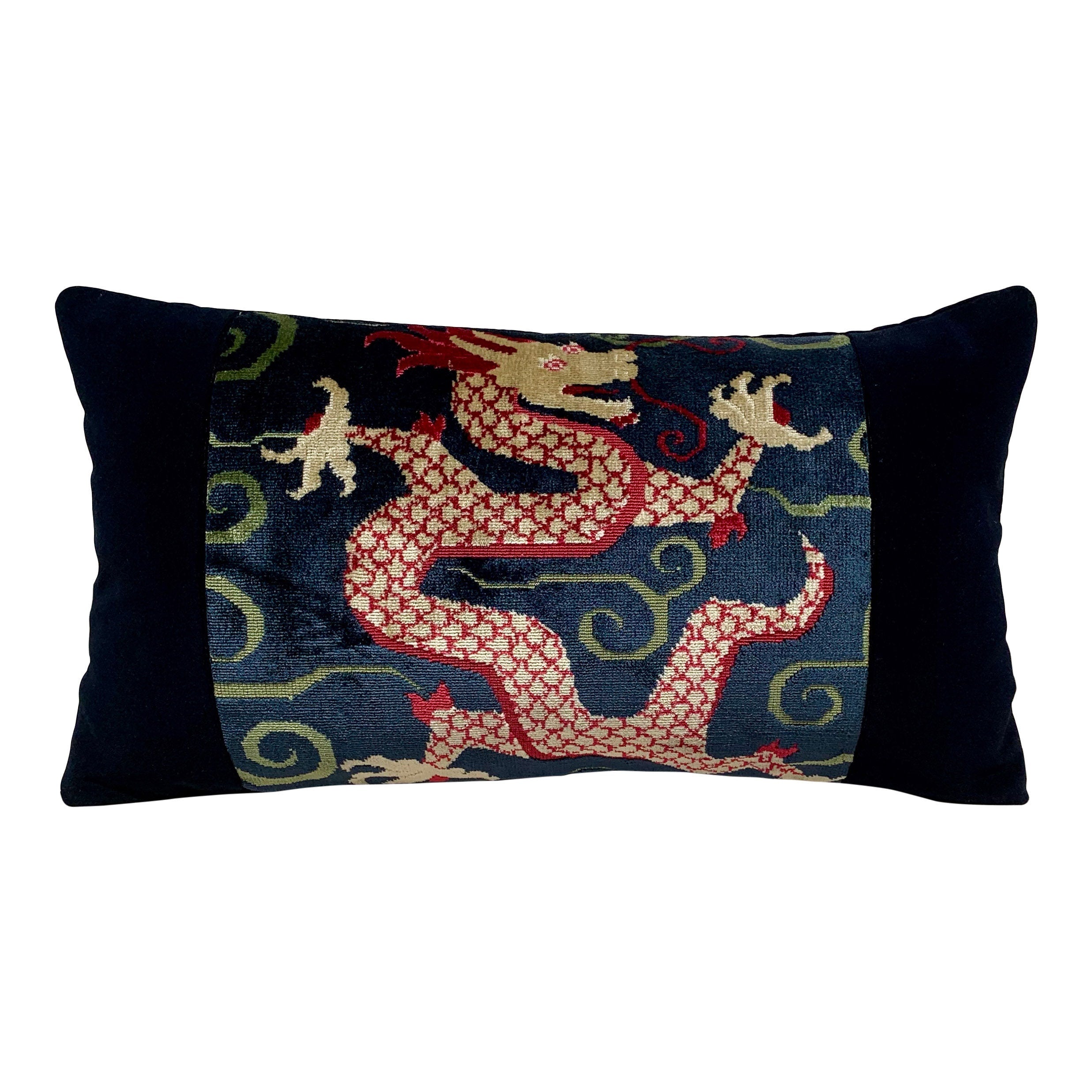 Schumacher Bixi Velvet Lumbar Pillow, Dark Navy. Lumbar Decorative Velvet Pillow. Designer pillows, accent cushion cover, decorative pillow