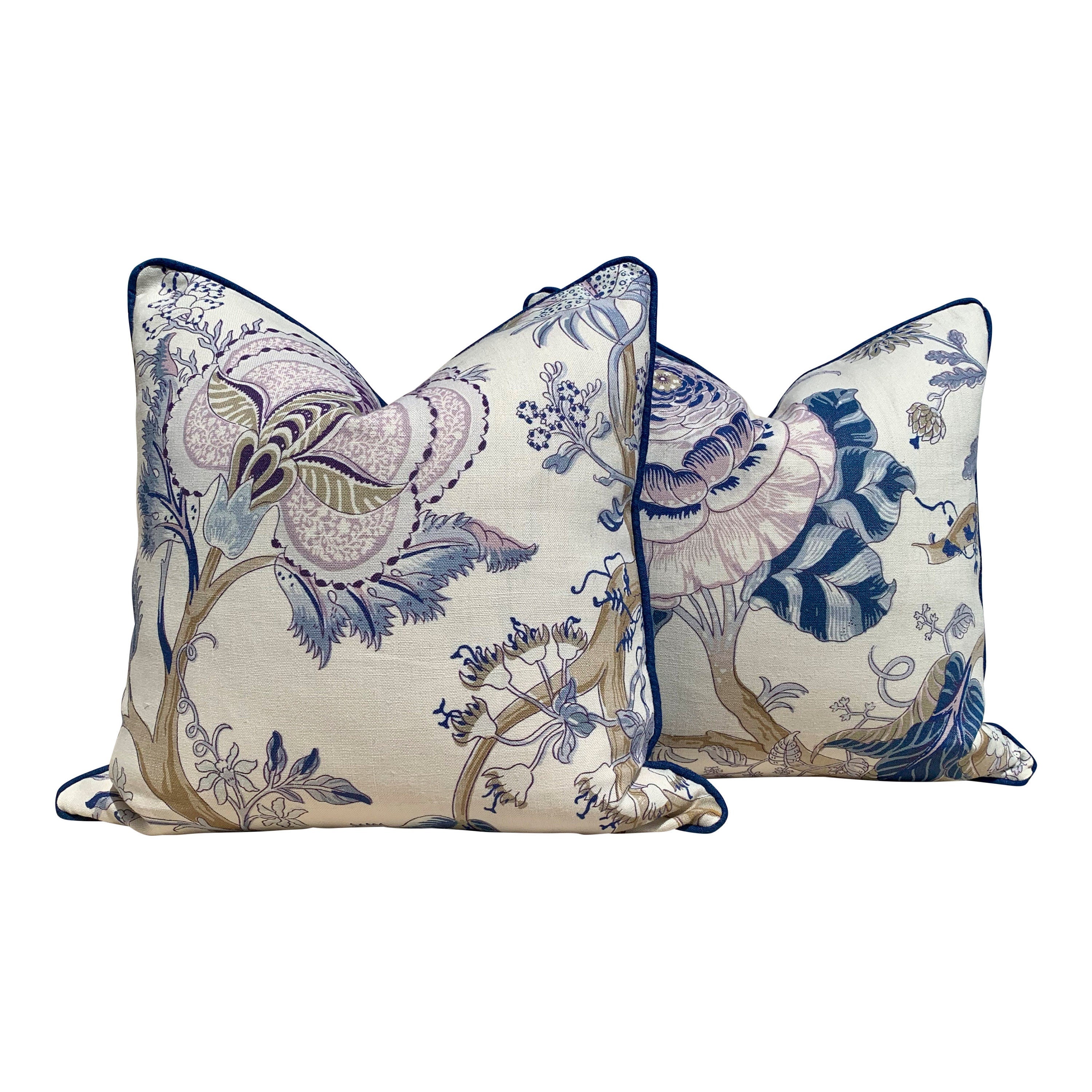 Schumacher Indian Arbre Pillow in BLue and Lavender. Floral Lumbar Pillow. Extra Long Lumbar Pillow.
