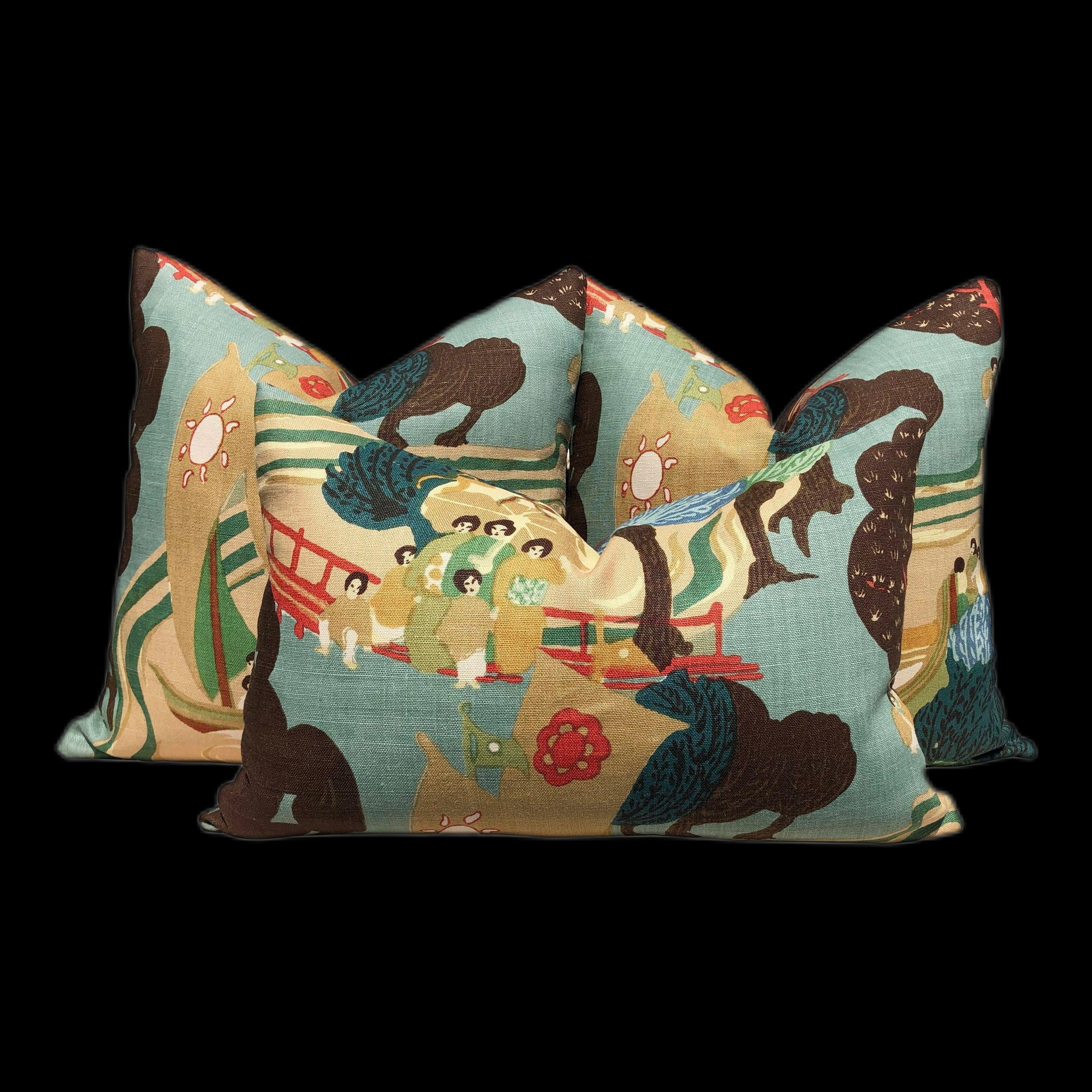 Schumacher Pearl River Linen Pillow in Jade. Designer Tan Aqua Pillow // Lumbar Linen Pillow // Chinoiserie Pillow Cover //