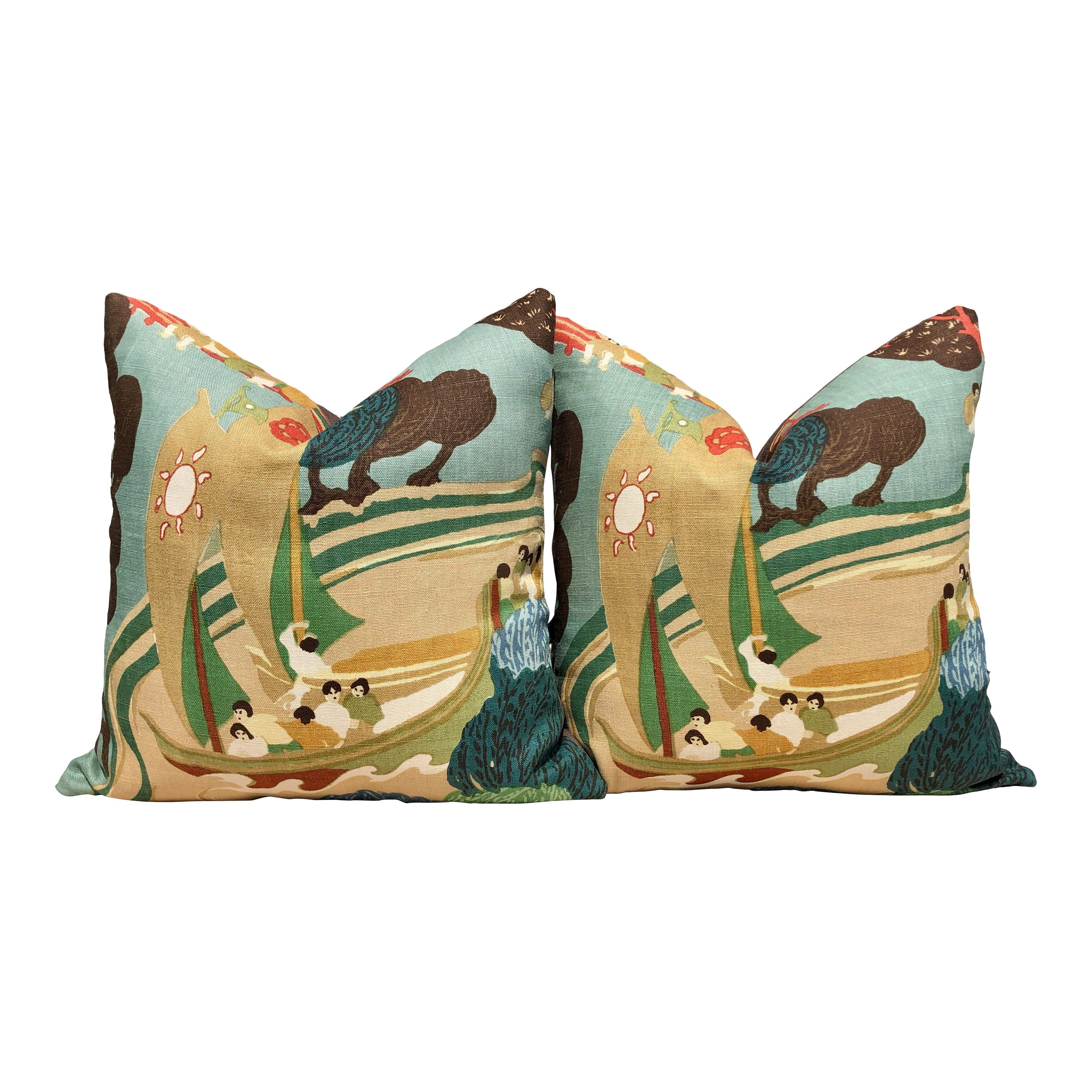 Schumacher Pearl River Linen Pillow in Jade. Designer Tan Aqua Pillow // Lumbar Linen Pillow // Chinoiserie Pillow Cover //