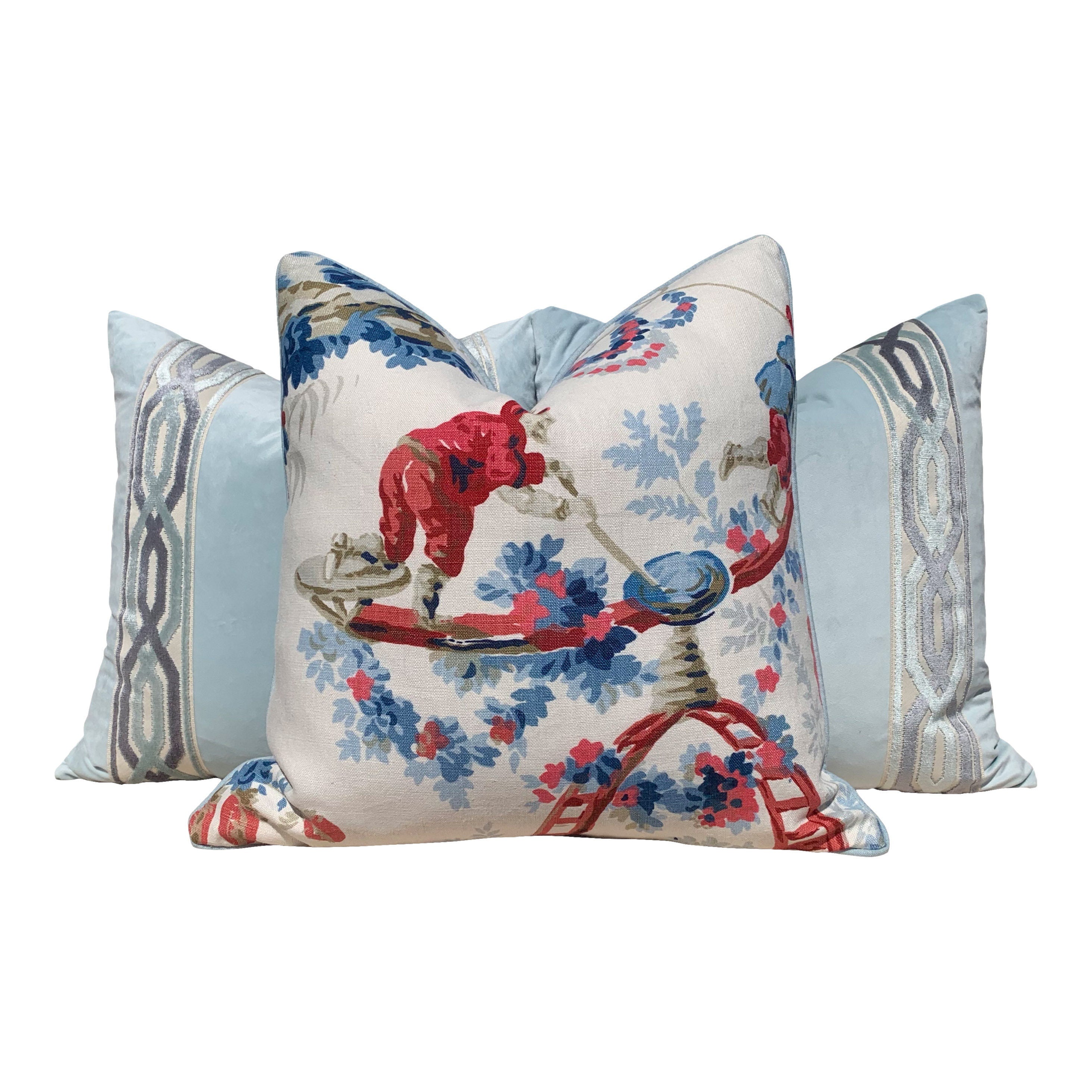 Schumacher "Plaisirs De La Chine" Linen Pillow in BLue and Rouge. Floral Lumbar Pillow.