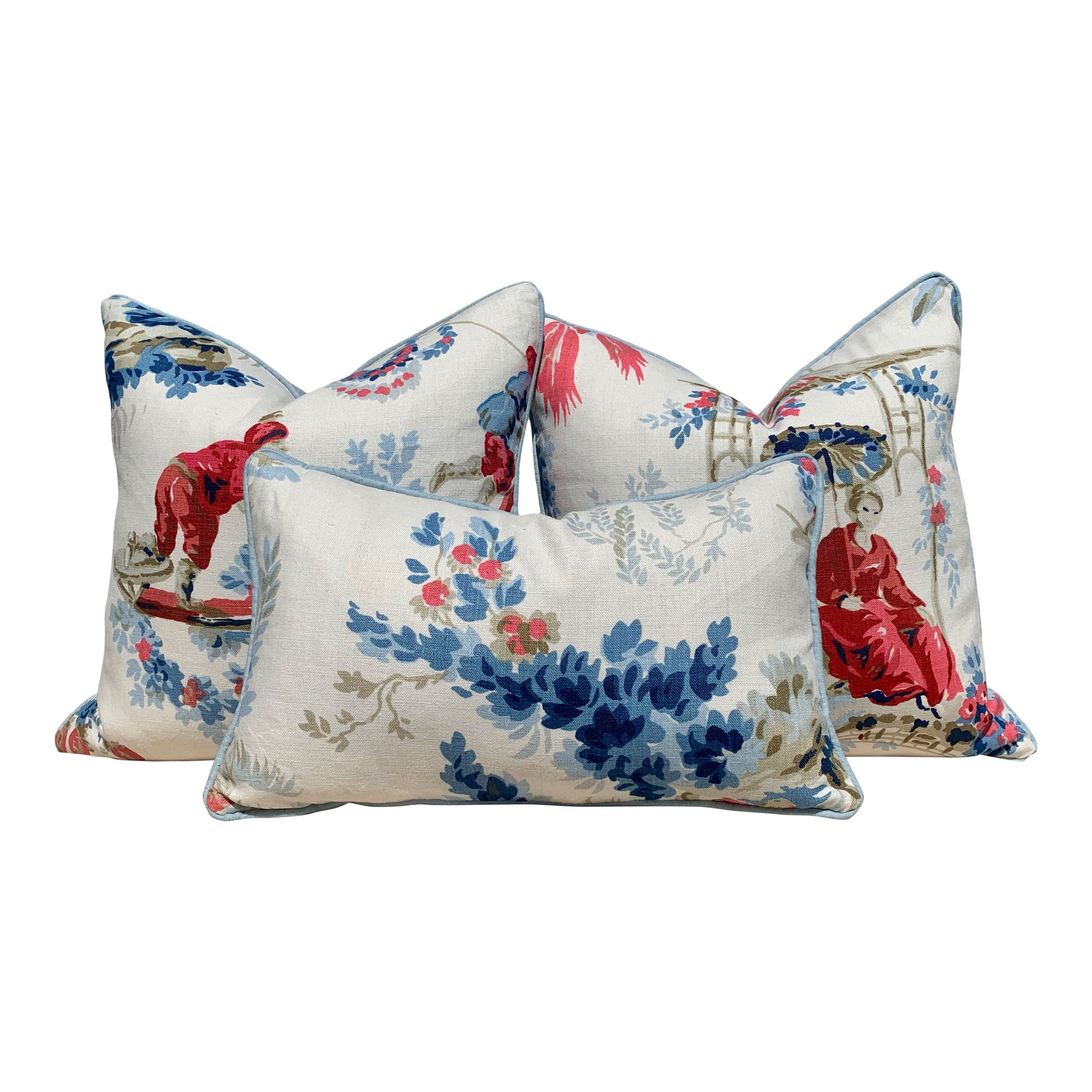 Schumacher "Plaisirs De La Chine" Linen Pillow in BLue and Rouge. Floral Lumbar Pillow.
