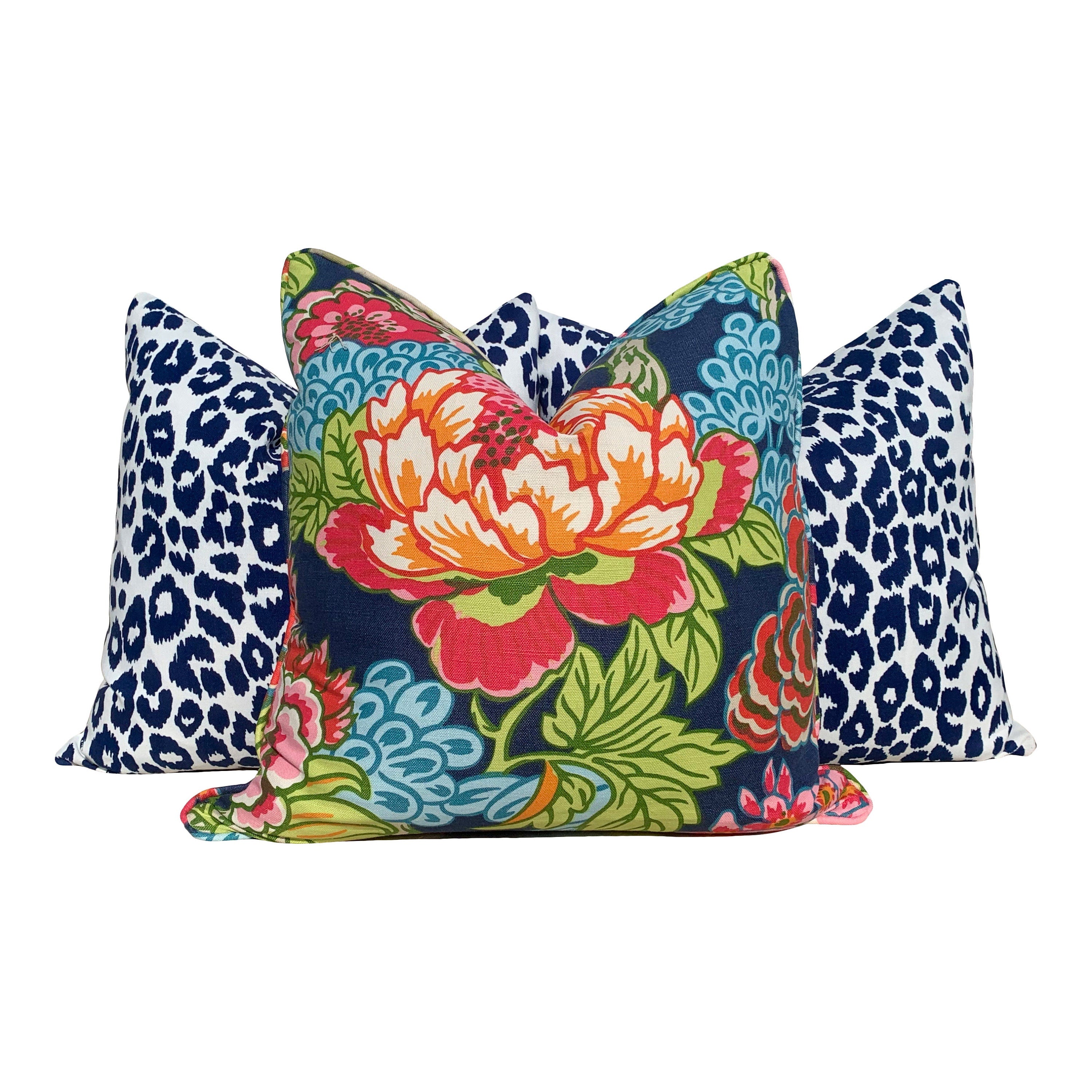 Indoor/Outdoor Schumacher Leopard Pillow in White and Blue. Decorative lumbar Pillow, designer cushion cover, accent pillow, outdoor pillow