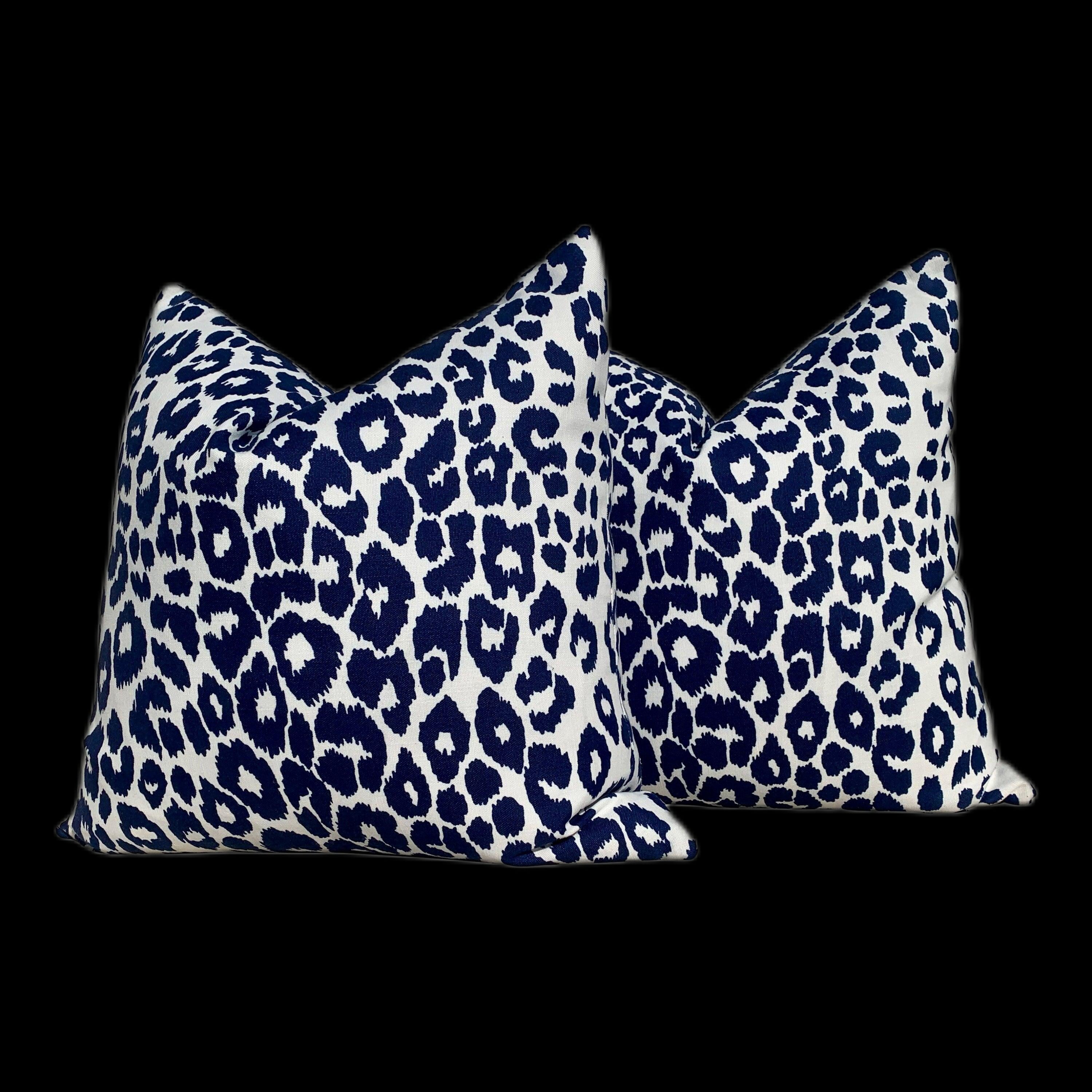Indoor/Outdoor Schumacher Leopard Pillow in White and Blue. Decorative lumbar Pillow, designer cushion cover, accent pillow, outdoor pillow