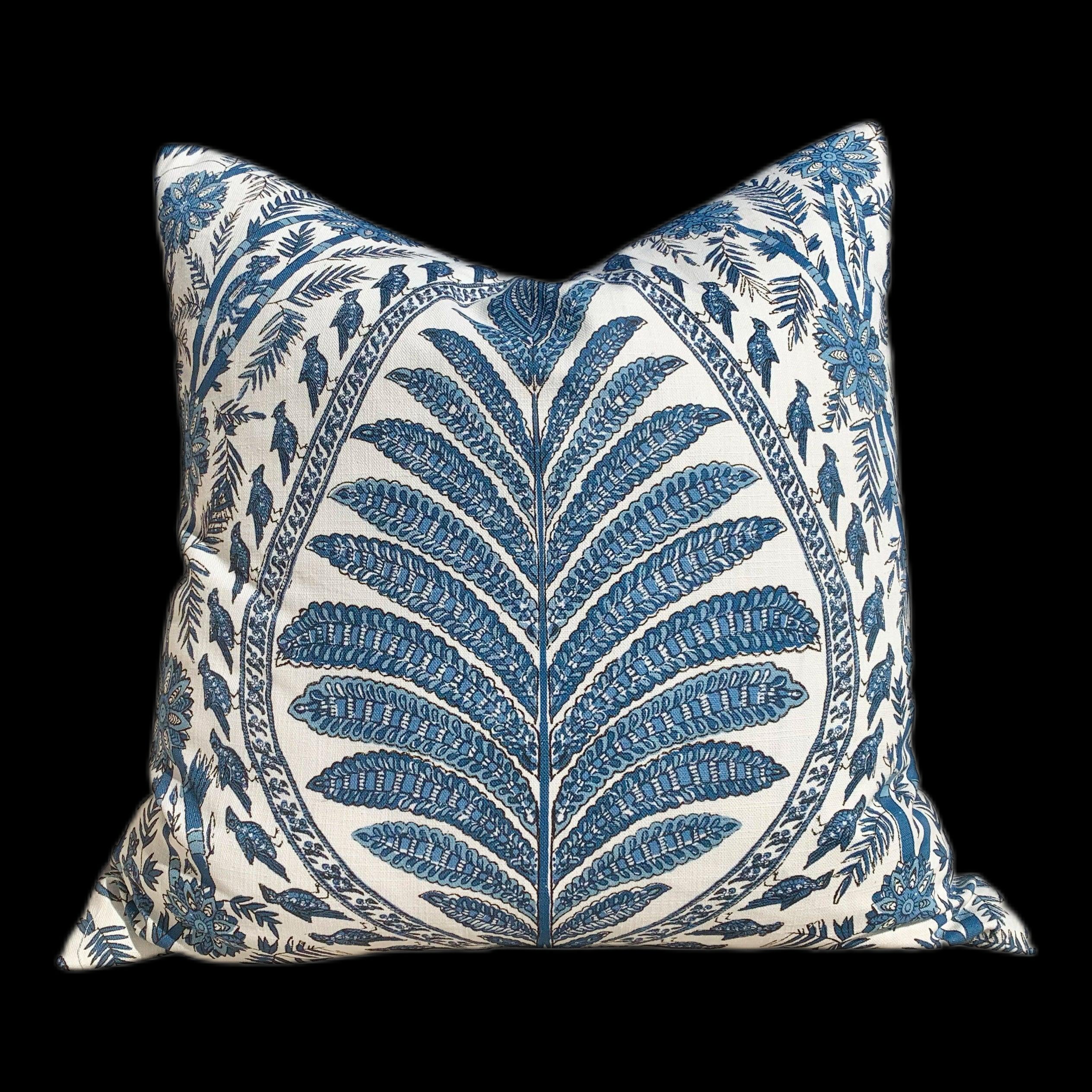 Thibaut Palampore Pillow in Blue and White. Lumbar Decorative Bird Pillow. Designer Pillows, accent cushion, decorative pillow cover