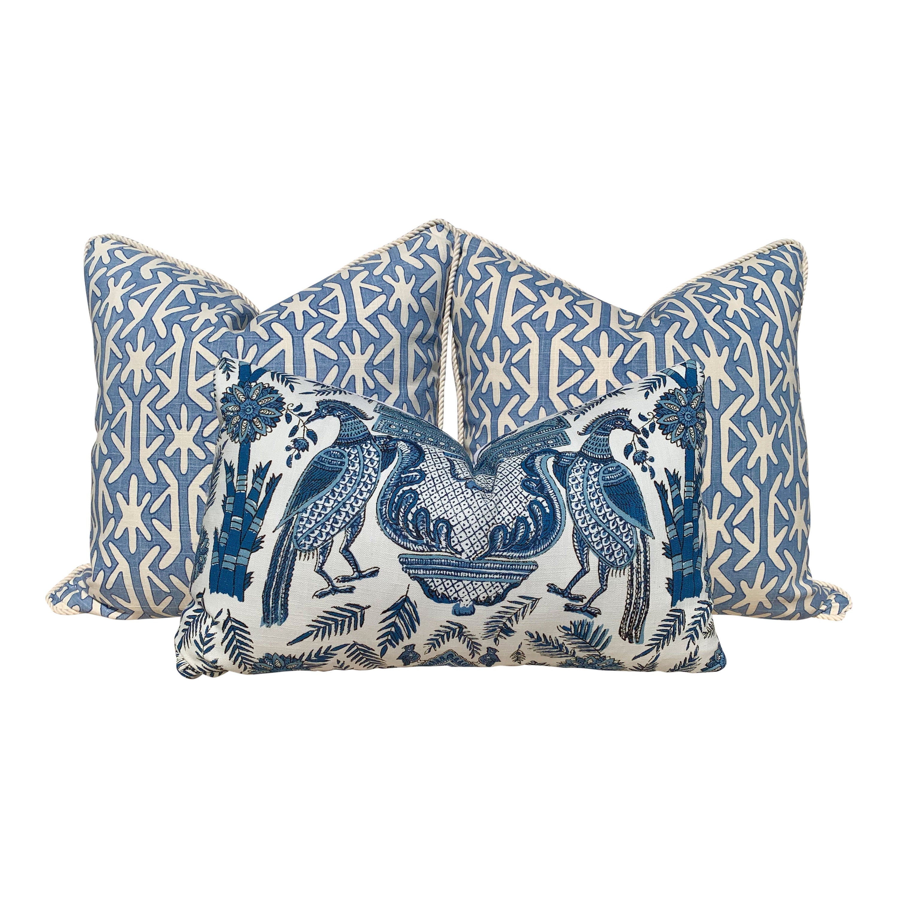 Thibaut Palampore Pillow in Blue and White. Lumbar Decorative Bird Pillow. Designer Pillows, accent cushion, decorative pillow cover