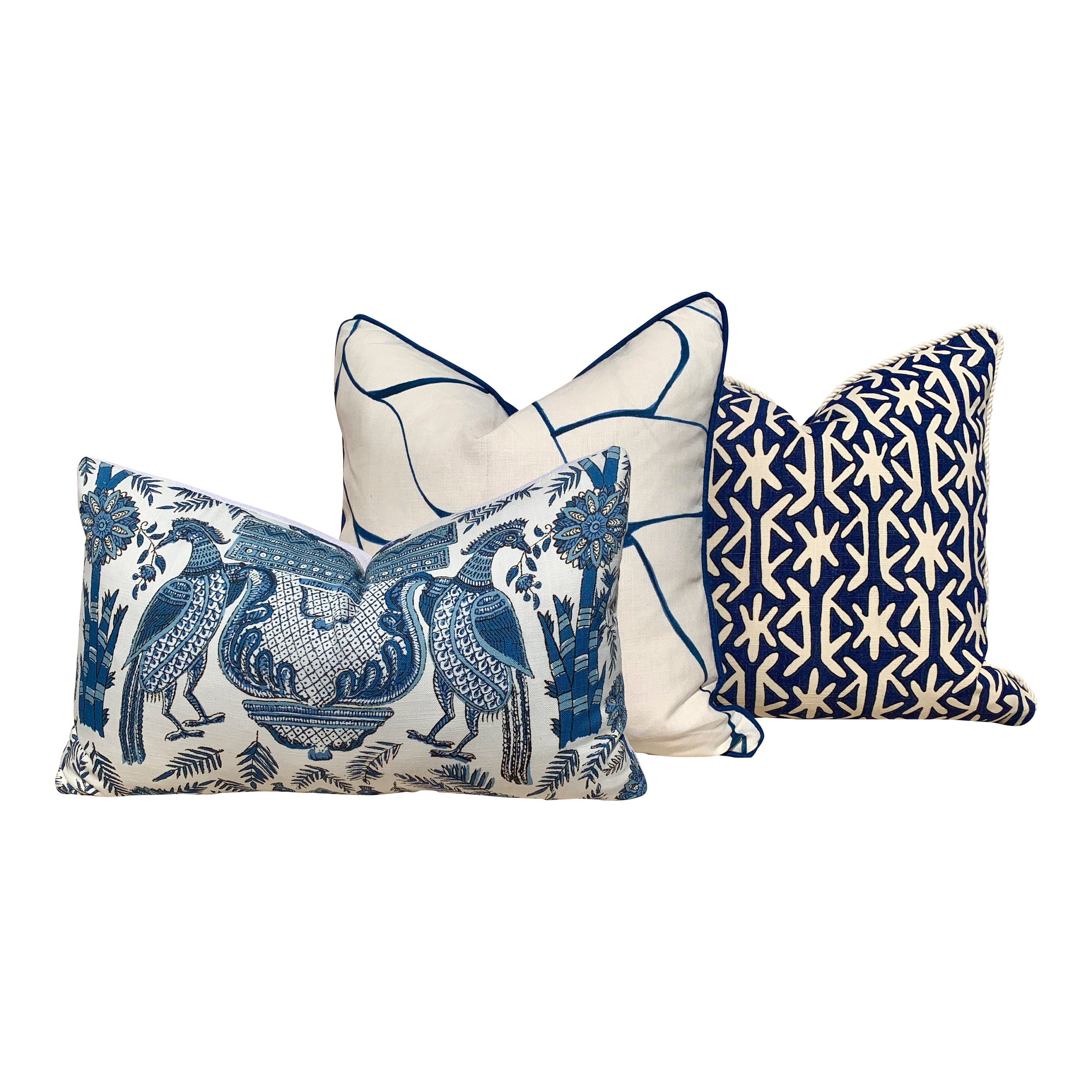 Thibaut Palampore Pillow in Blue and White. Lumbar Decorative Bird Pillow. Designer Pillows, accent cushion, decorative pillow cover