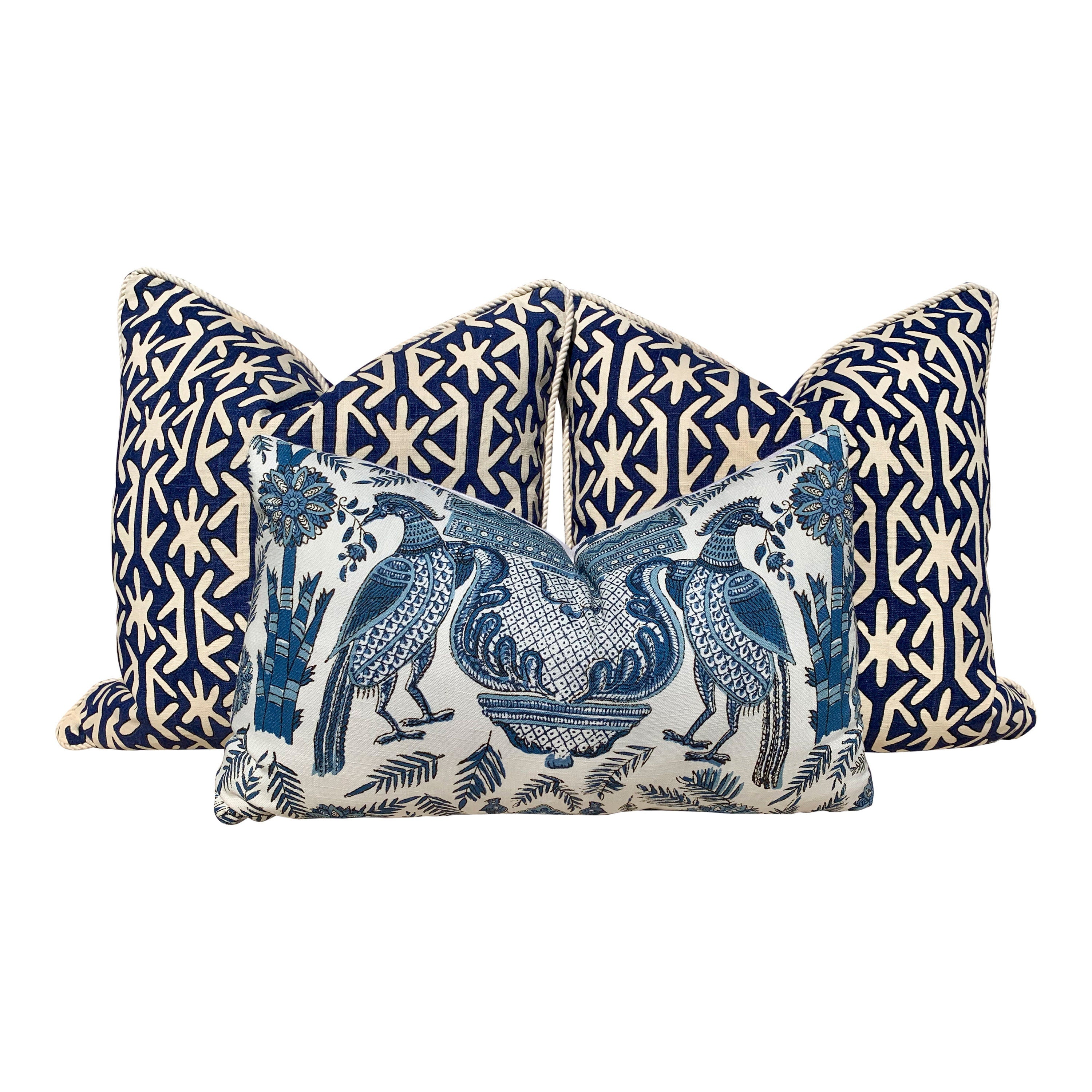 Thibaut Palampore Bird Lumbar Pillow in Blue. Designer Pillow. Accent Blue Pillow Cover. High End Throw Pillow.