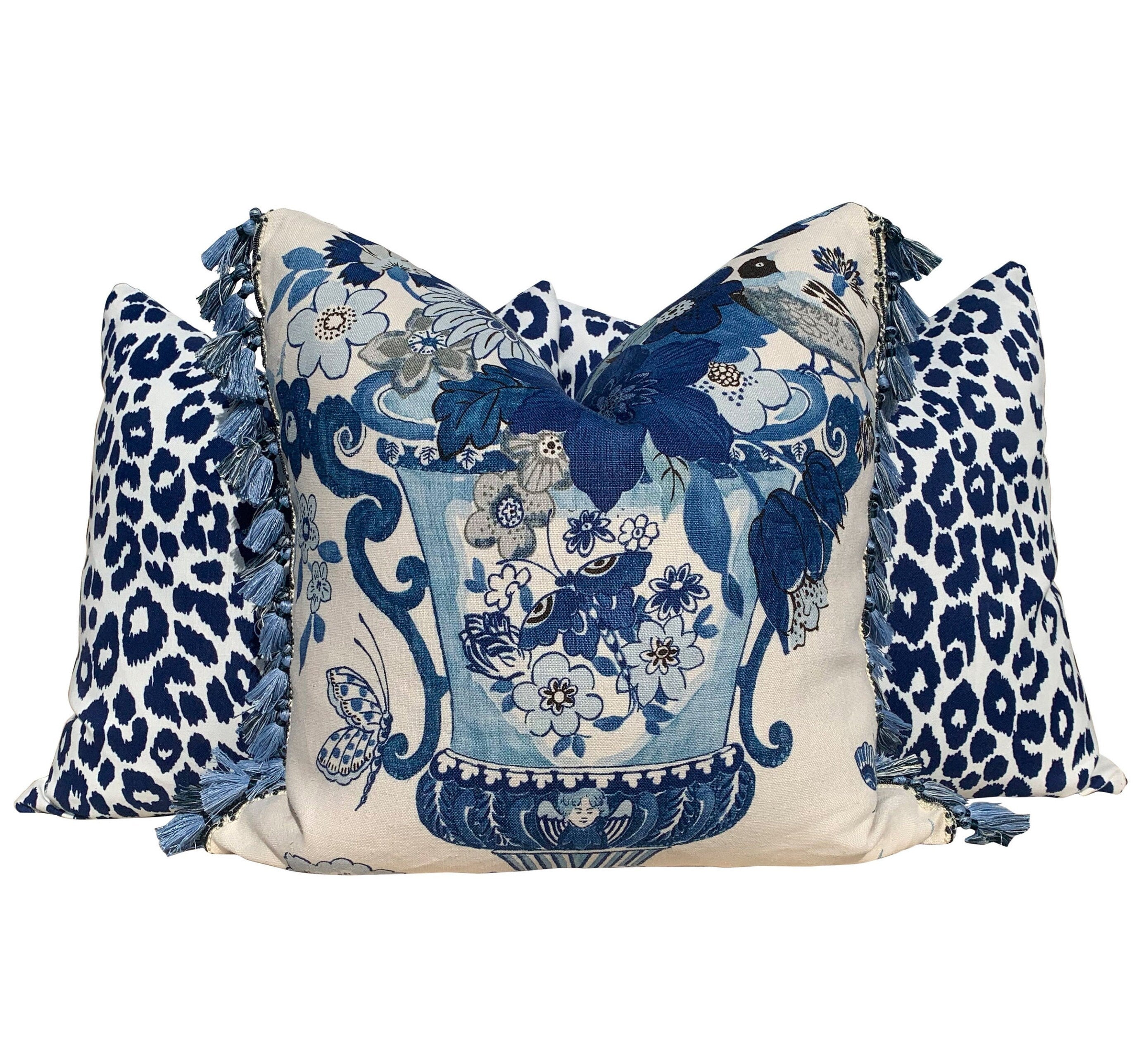 Schumacher Lansdale Bouquet Pillow Blue. Lumbar Decorative Pillow in Porcelain Blue and White, Designer high end floral pillow cover case