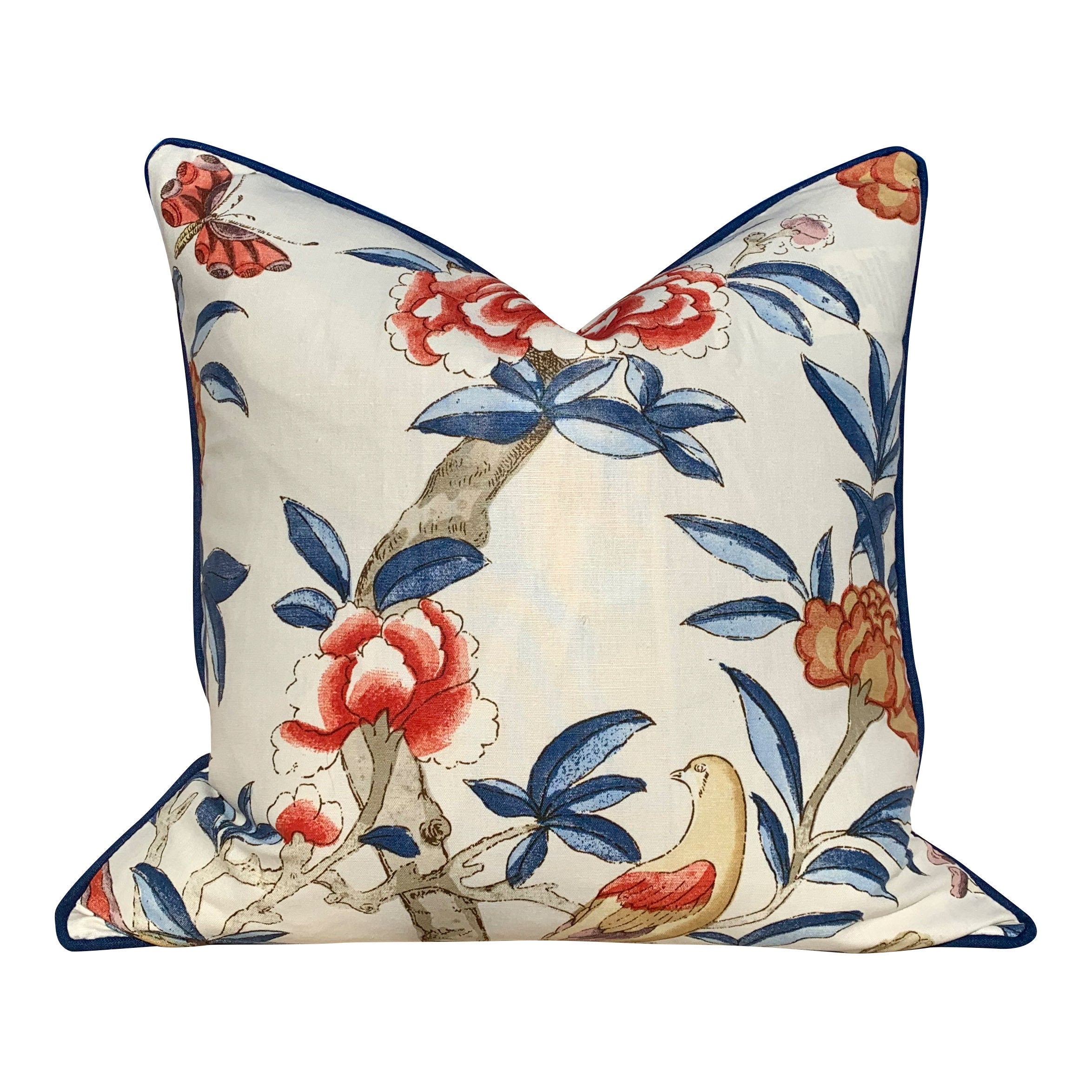 Thibaut Gissele Linen Pillow In Blue and Red, Solid Blue Pipping. Lumbar Tropical Pillow.