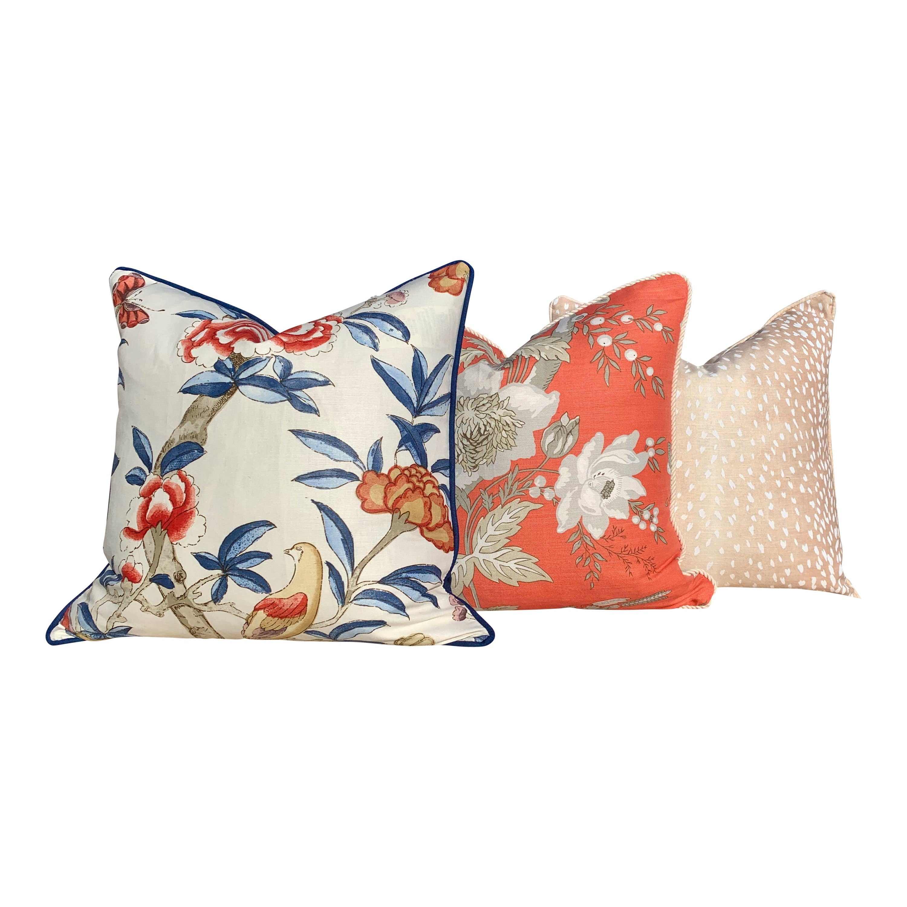 Thibaut Gissele Linen Pillow In Blue and Red, Solid Blue Pipping. Lumbar Tropical Pillow.