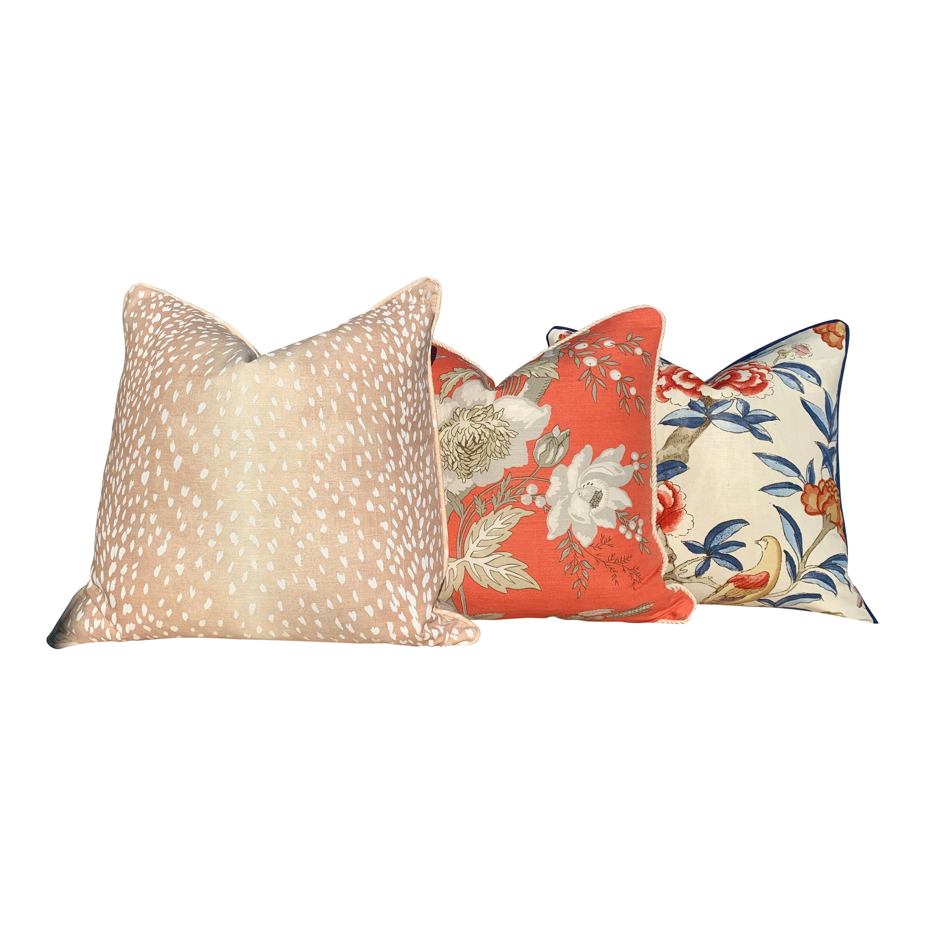 Thibaut Gissele Linen Pillow In Blue and Red, Solid Blue Pipping. Lumbar Tropical Pillow.