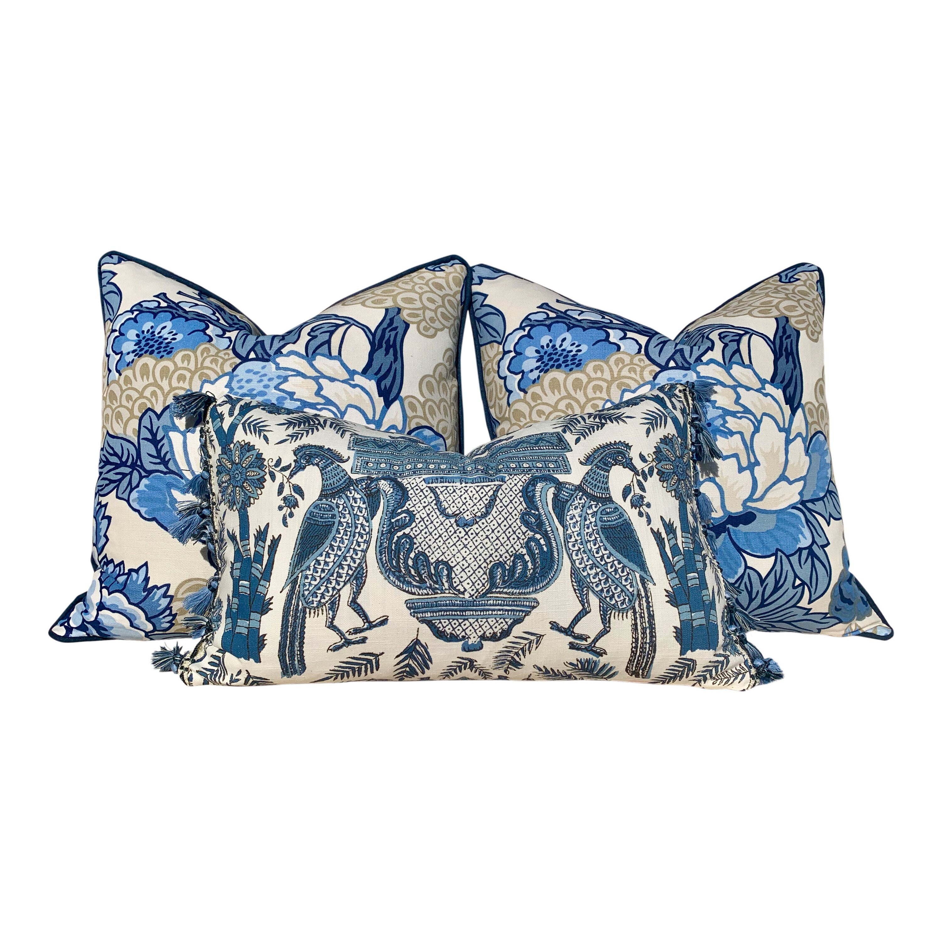 Thibaut Honshu Pillow Blue, White, Beige. Chinoiserie Pillow. Lumbar Pillow.Designer pillows, accent cushion cover, decorative green pillow