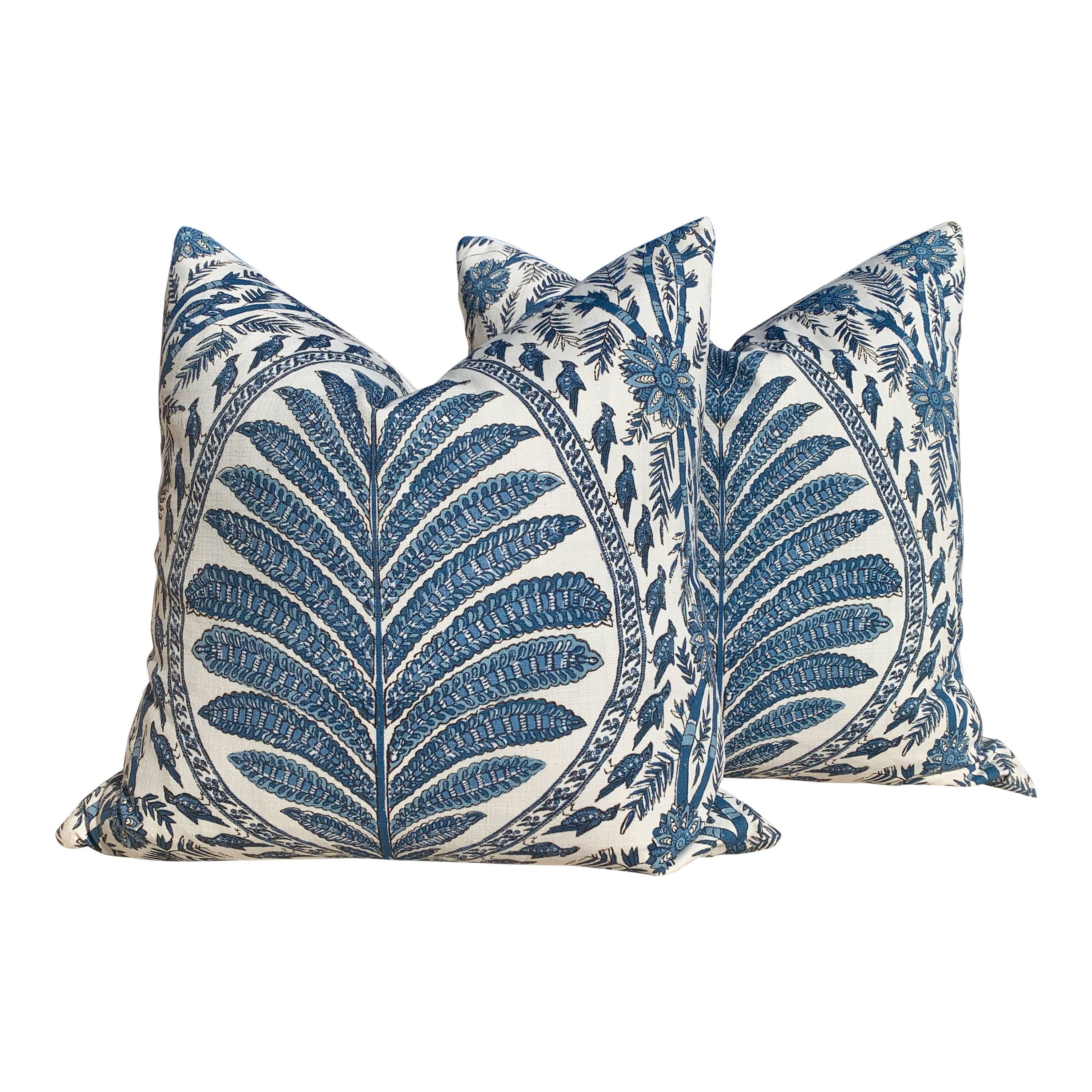 Thibaut Palampore Pillow in Blue and White. Lumbar Decorative Bird Pillow. Designer Pillows, accent cushion, decorative pillow cover