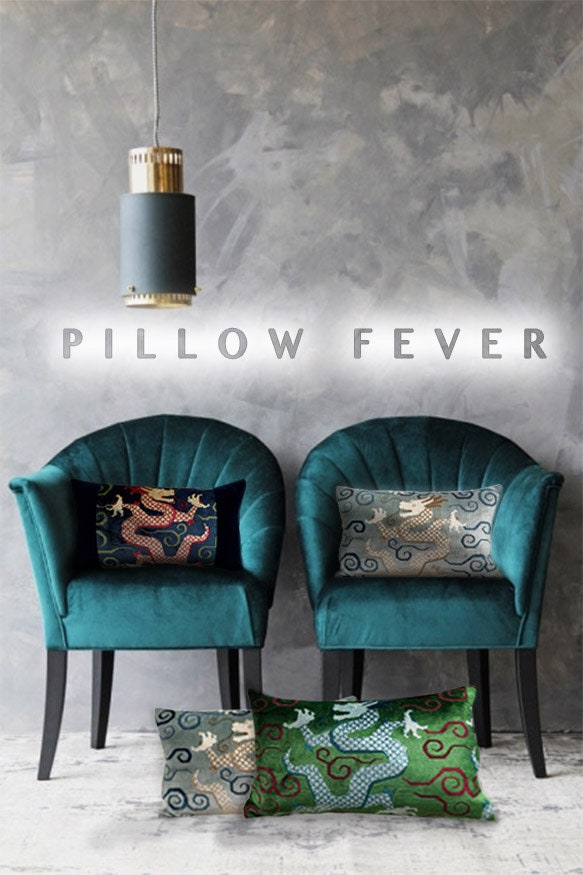 Back Ordered till End of July!!!! Schumacher Bixi Velvet Pillow in Celestine // Dragon Velvet Pillow // Chinoiserie Pillow Lumbar Pillow
