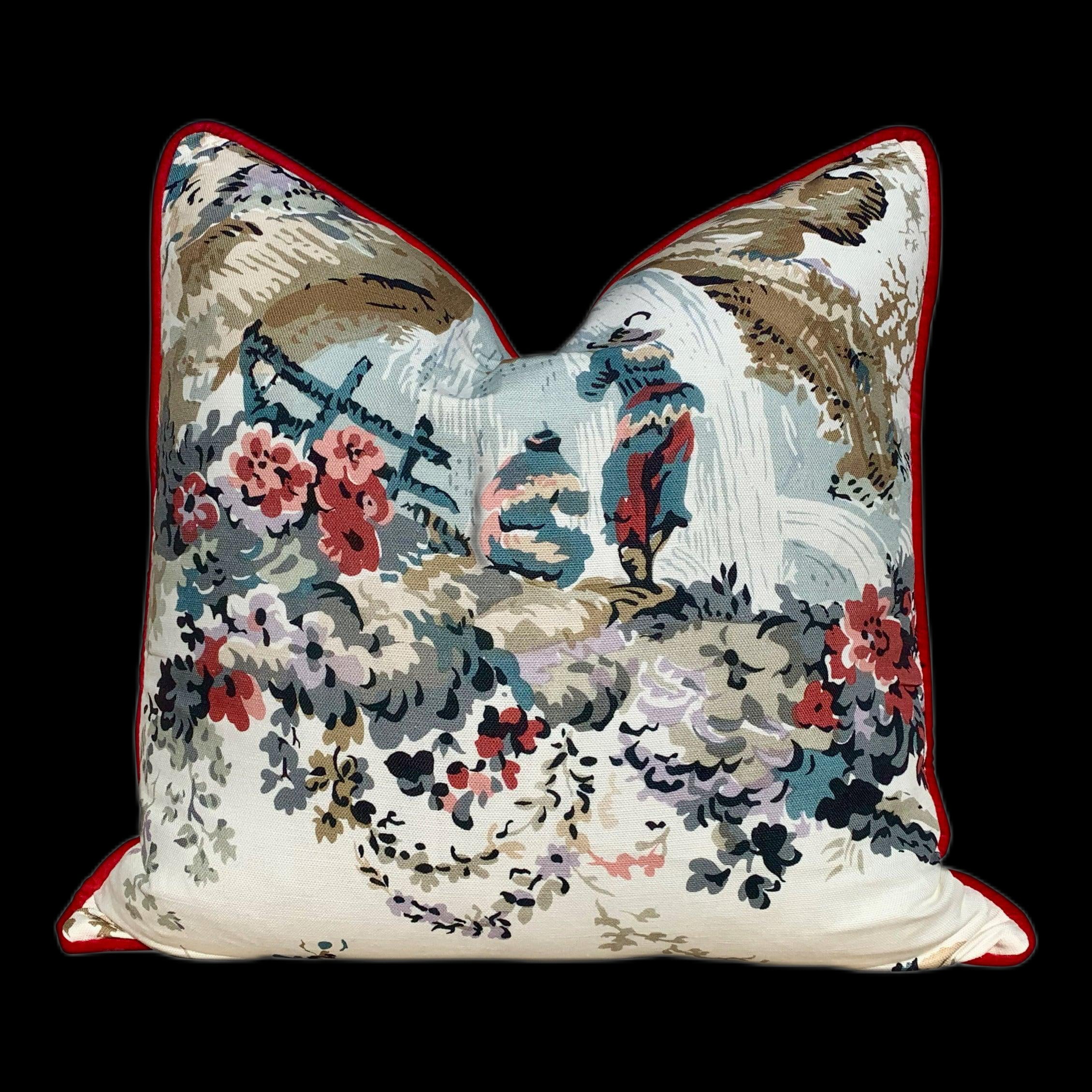 Moorea Linen Pillow in Cream, Red. Floral LInen Pillow. Chinoiserie Pillow, lumbar Floral Pillow Cover, Euro Sham Pillow, Decorative Pillow