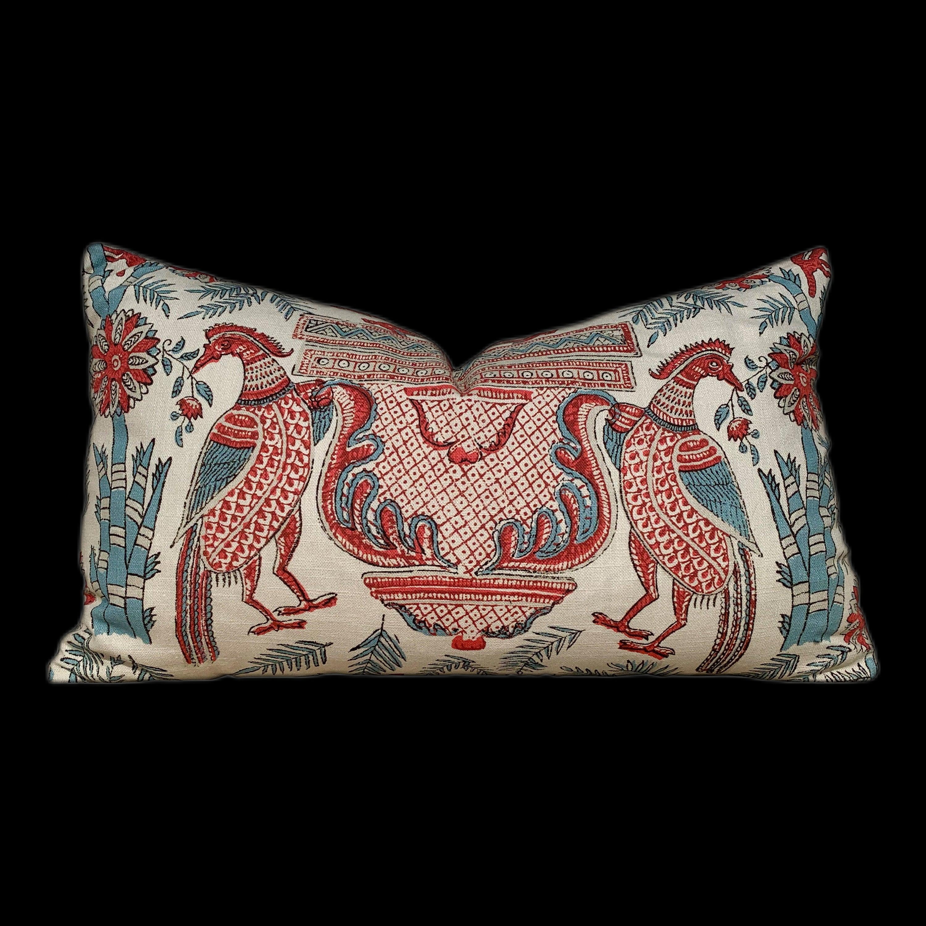 Thibaut Palampore Bird Lumbar Pillow in Red and Blue.