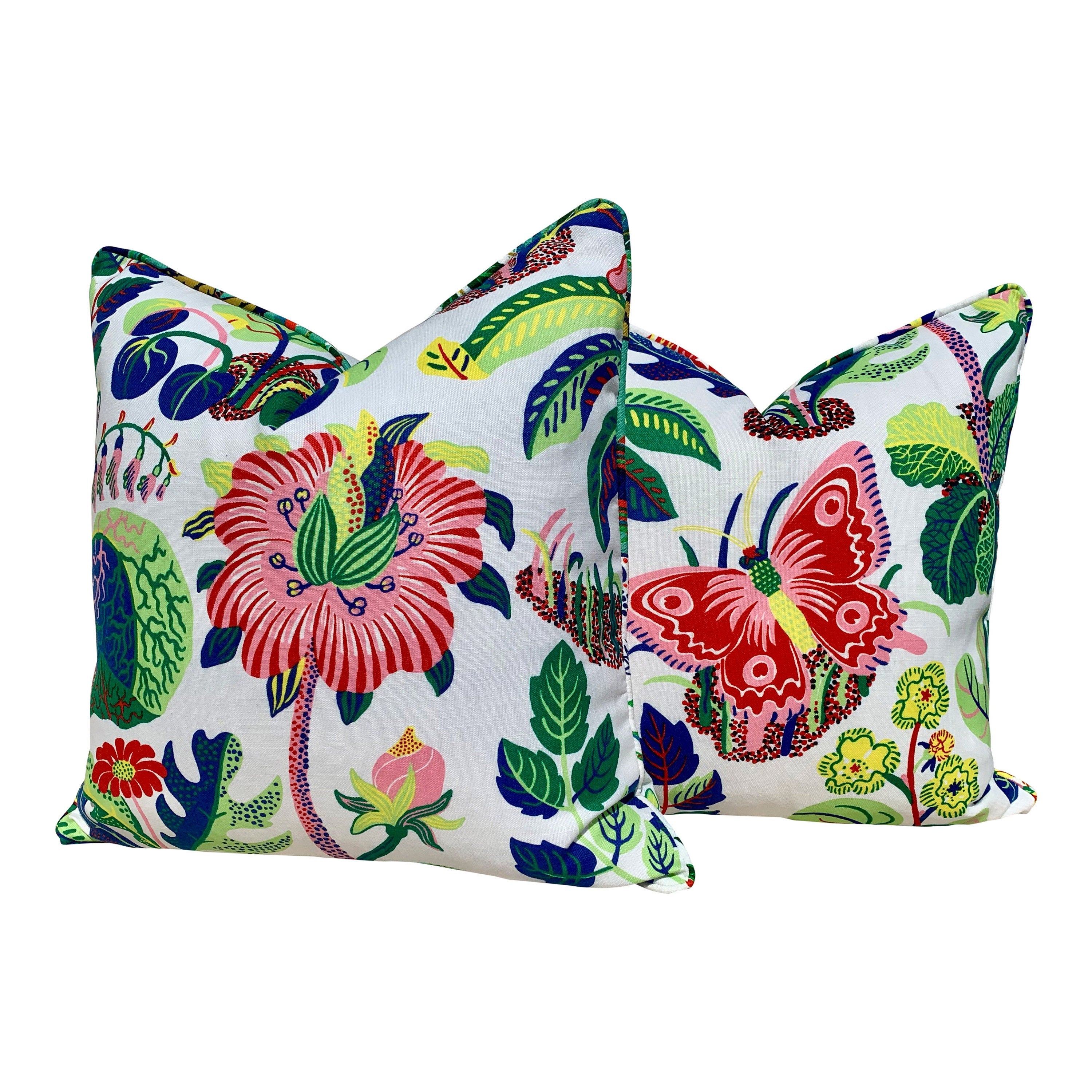 Outdoor Exotic Butterfly Pillow Pink Blue Green, Schumacher Floral Pillow Pink, Lumbar Butterfly Pillow, Multicolor Toss Throw, Josef Frank