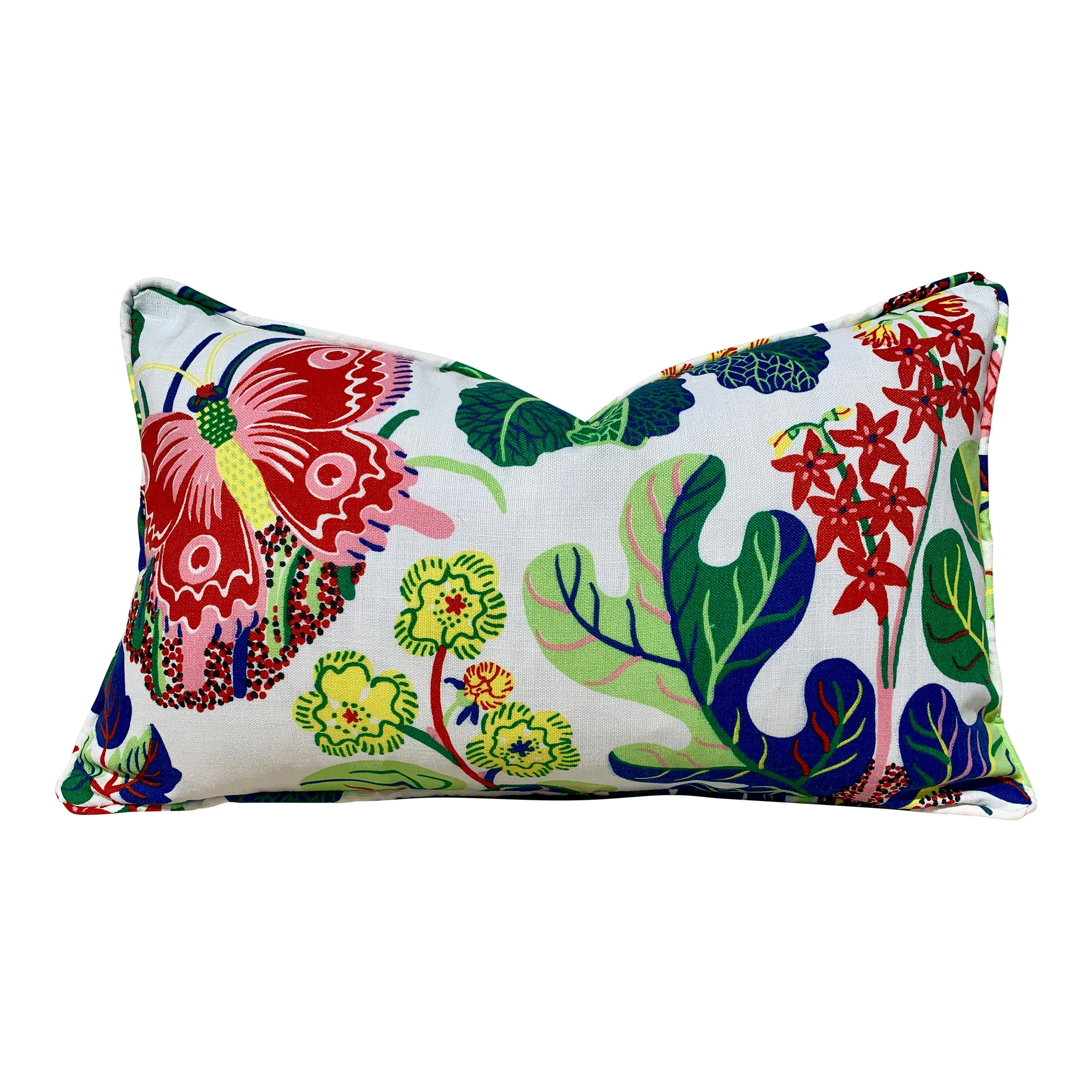 Outdoor Exotic Butterfly Pillow Pink Blue Green, Schumacher Floral Pillow Pink, Lumbar Butterfly Pillow, Multicolor Toss Throw, Josef Frank