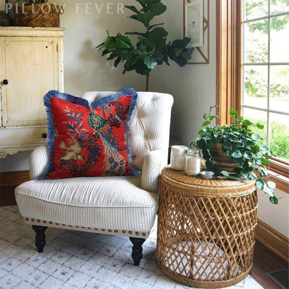 Schumacher Peacock Pillow in red Embelished with French Blue Brush Trim. Decorative Pillow. Bird Throw Pillow.