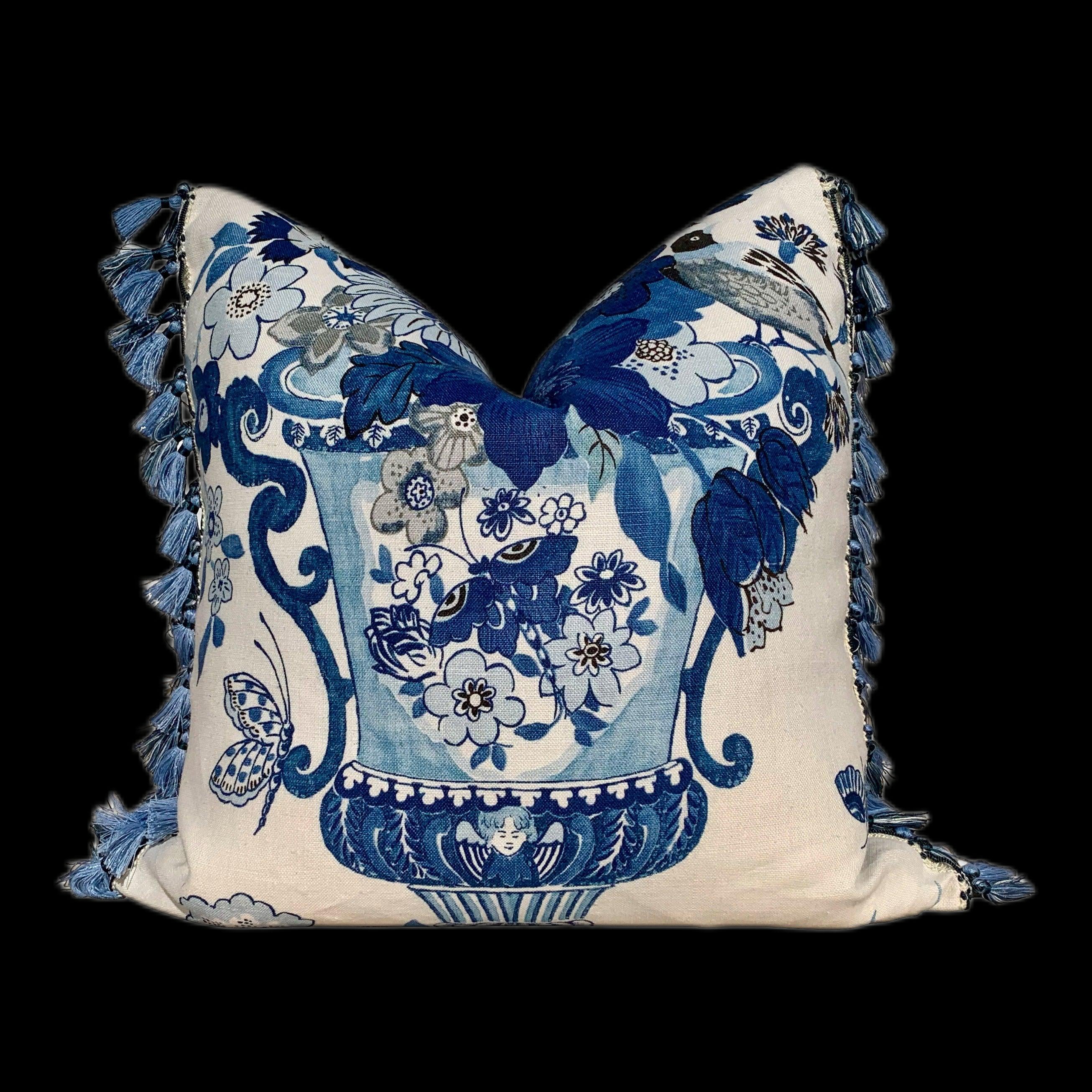 Schumacher Lansdale Bouquet Pillow Blue. Lumbar Decorative Pillow in Porcelain Blue and White, Designer high end floral pillow cover case