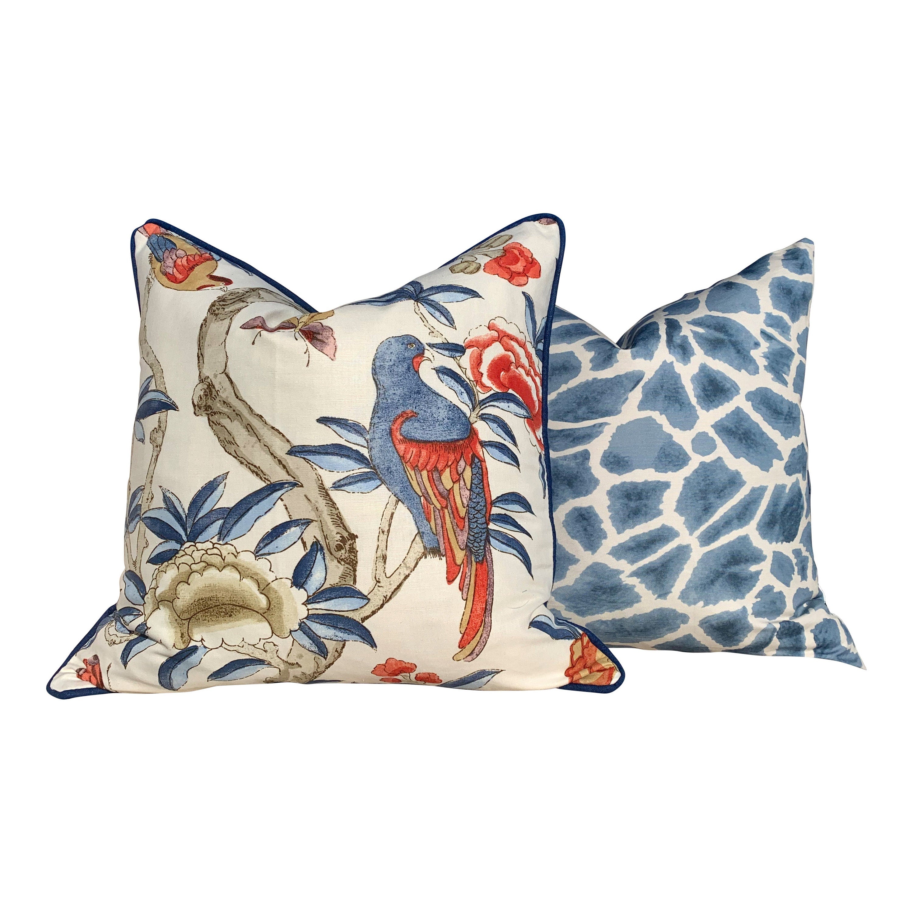 Thibaut Gissele Linen Pillow In Blue and Red, Solid Blue Pipping. Lumbar Tropical Pillow.