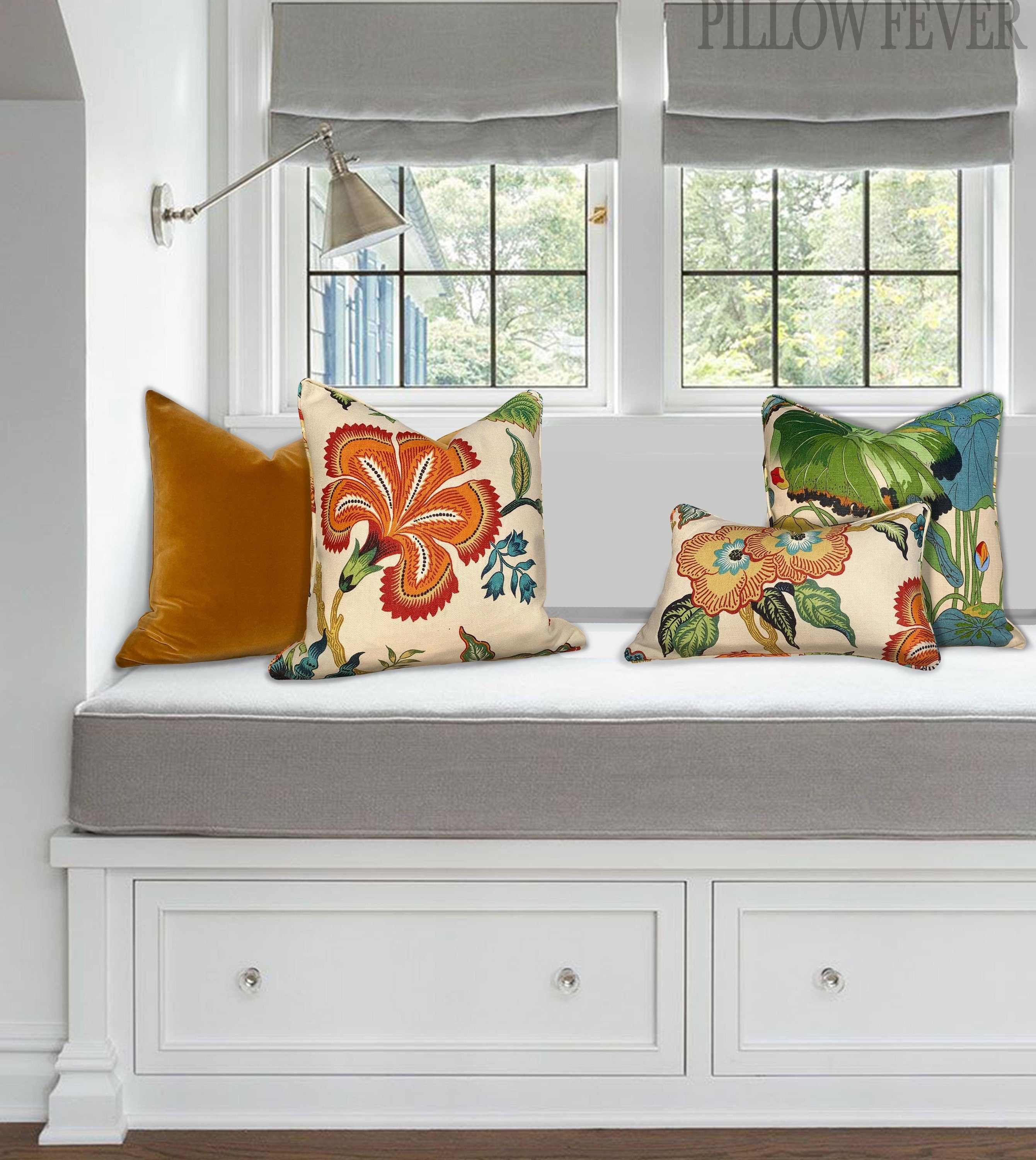 Schumacher Hothouse Floral Pillow in Hot Spark. Lumbar Floral Pillow.