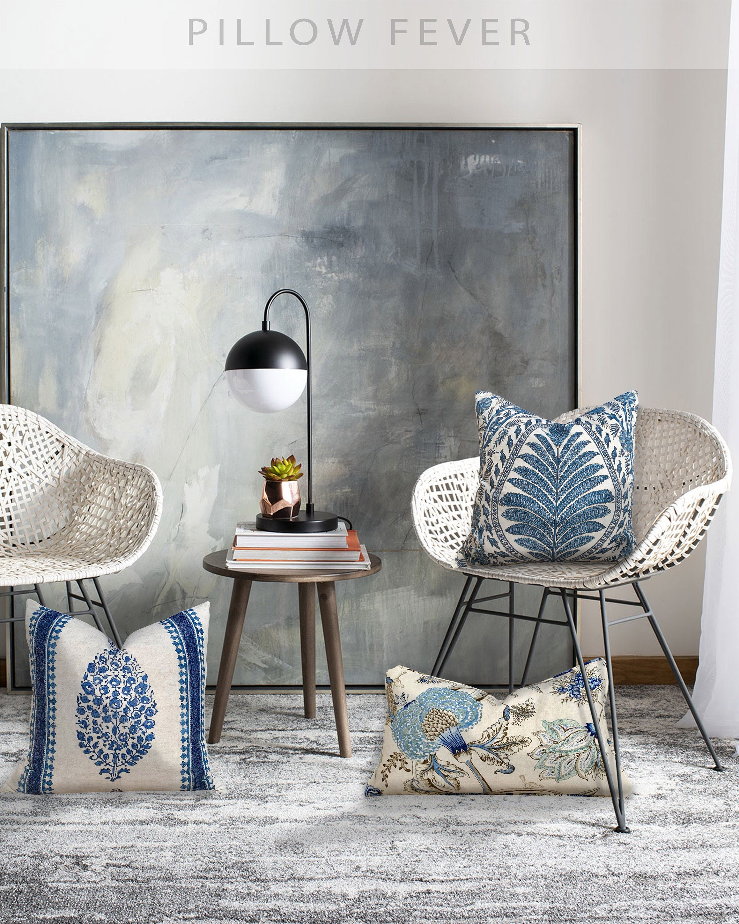 Thibaut Palampore Pillow in Blue and White. Lumbar Decorative Bird Pillow. Designer Pillows, accent cushion, decorative pillow cover