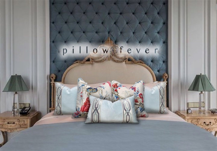 Schumacher "Plaisirs De La Chine" Linen Pillow in BLue and Rouge. Floral Lumbar Pillow.