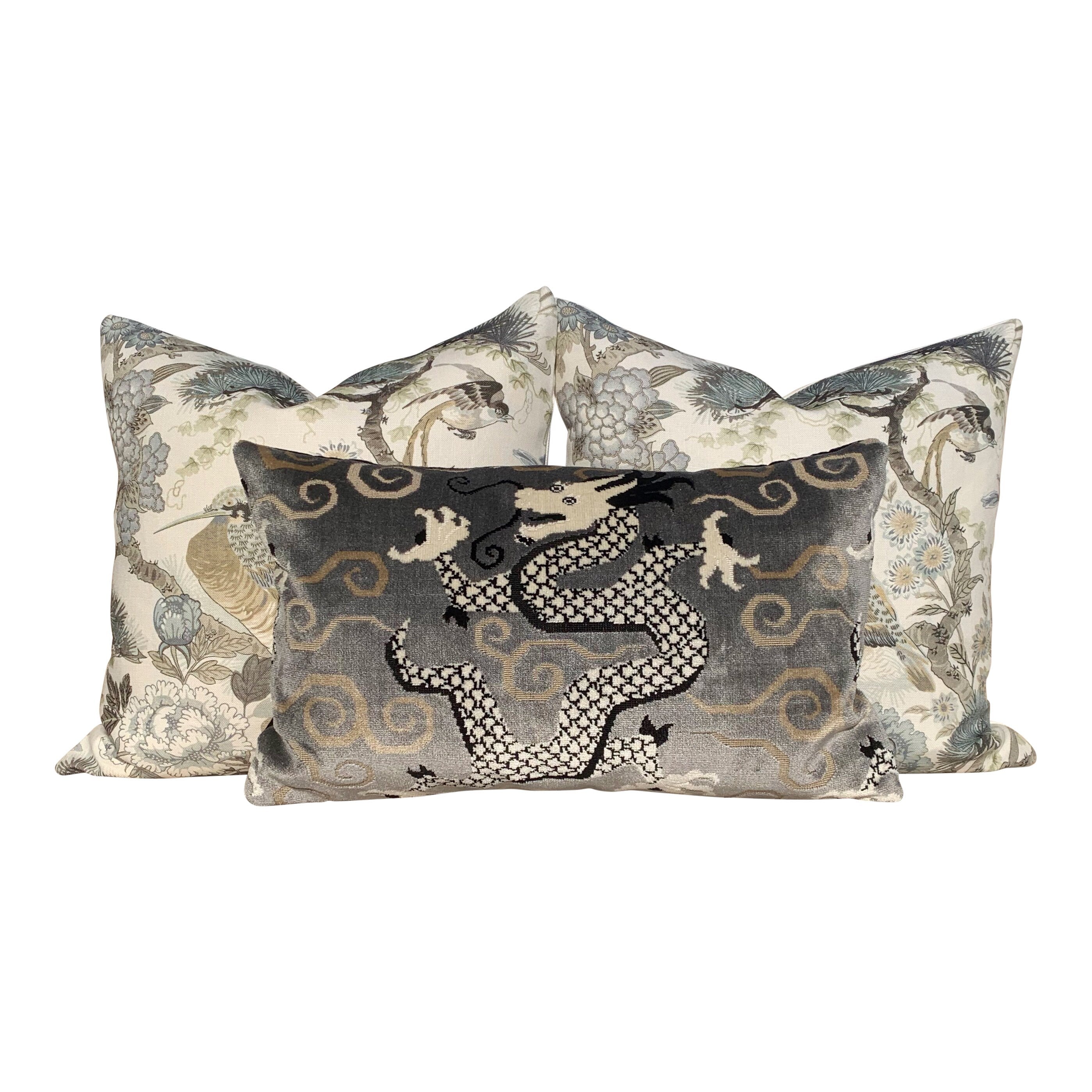 Schumacher Bixi Velvet Lumbar Pillow in Smoke. Dragon Velvet Pillow.