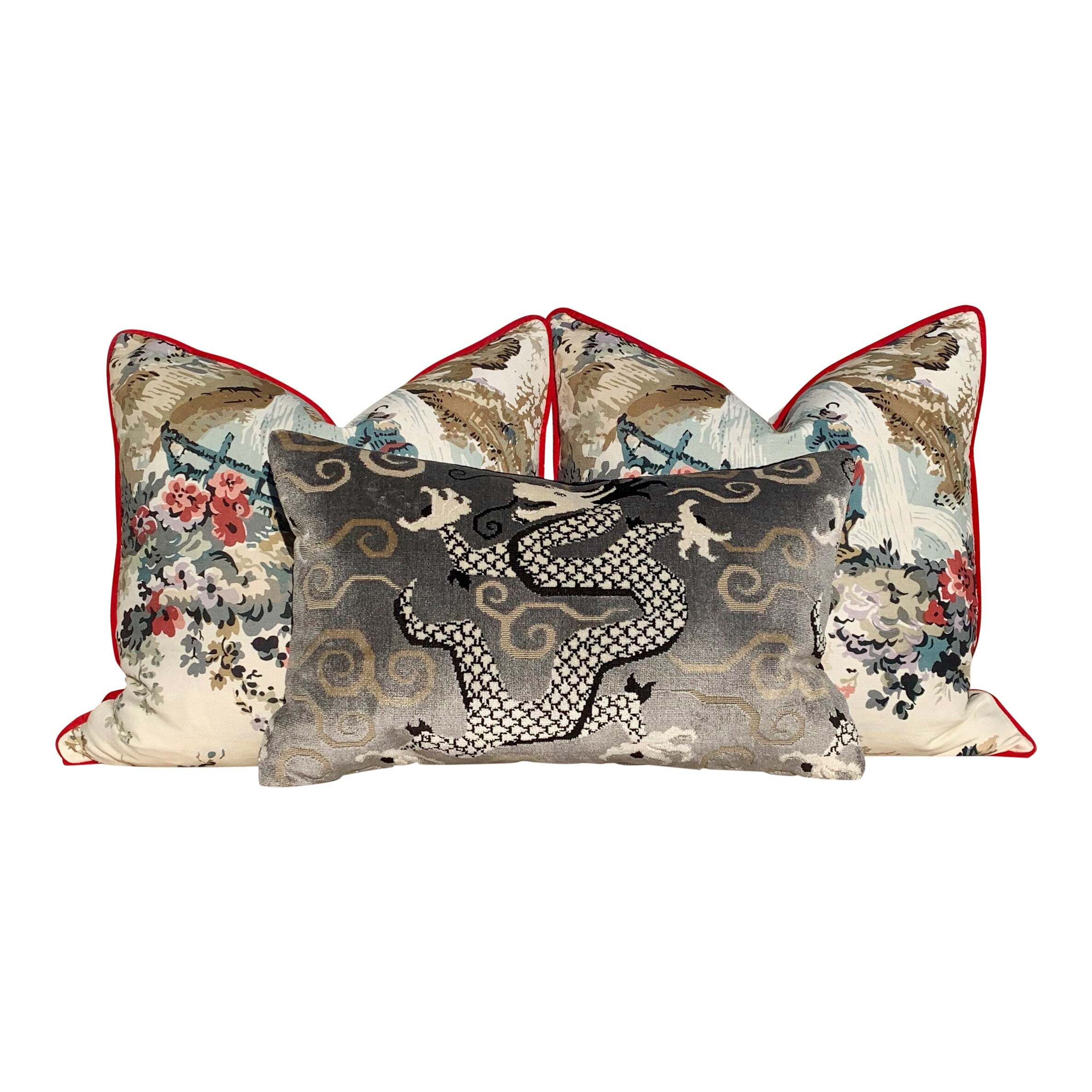 Schumacher Bixi Velvet Lumbar Pillow in Smoke. Dragon Velvet Pillow.