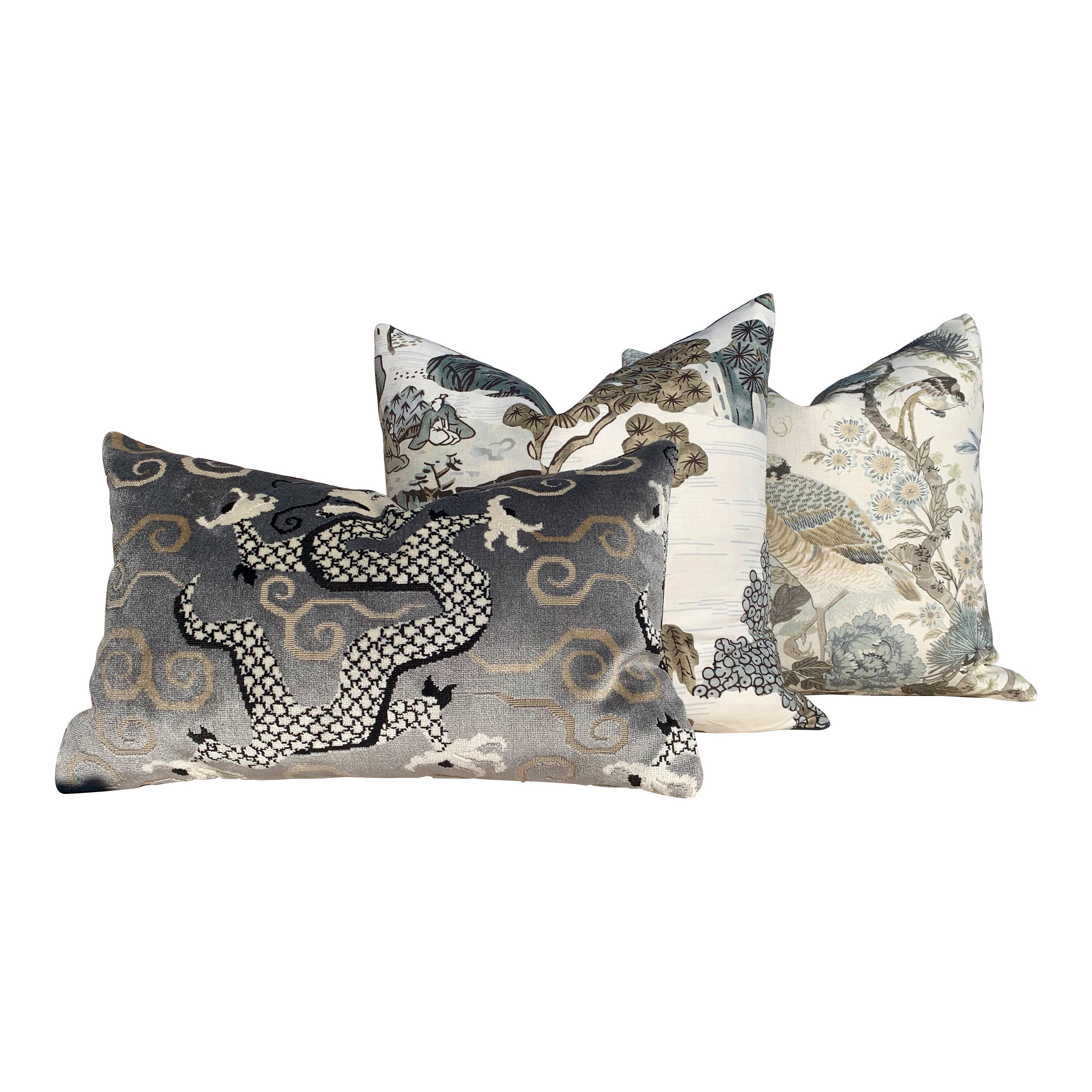 Schumacher Bixi Velvet Lumbar Pillow in Smoke. Dragon Velvet Pillow.