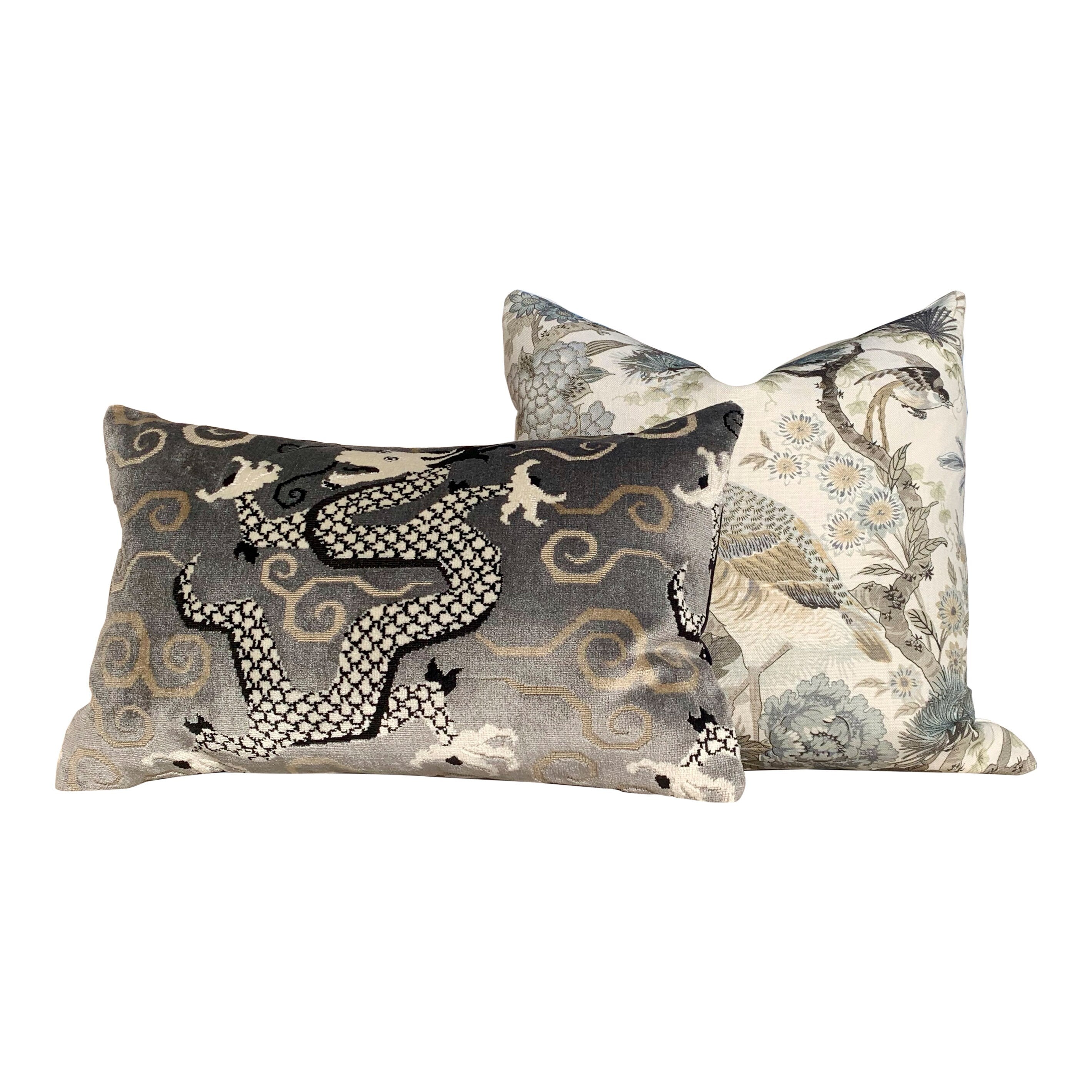 Schumacher Bixi Velvet Lumbar Pillow in Smoke. Dragon Velvet Pillow.